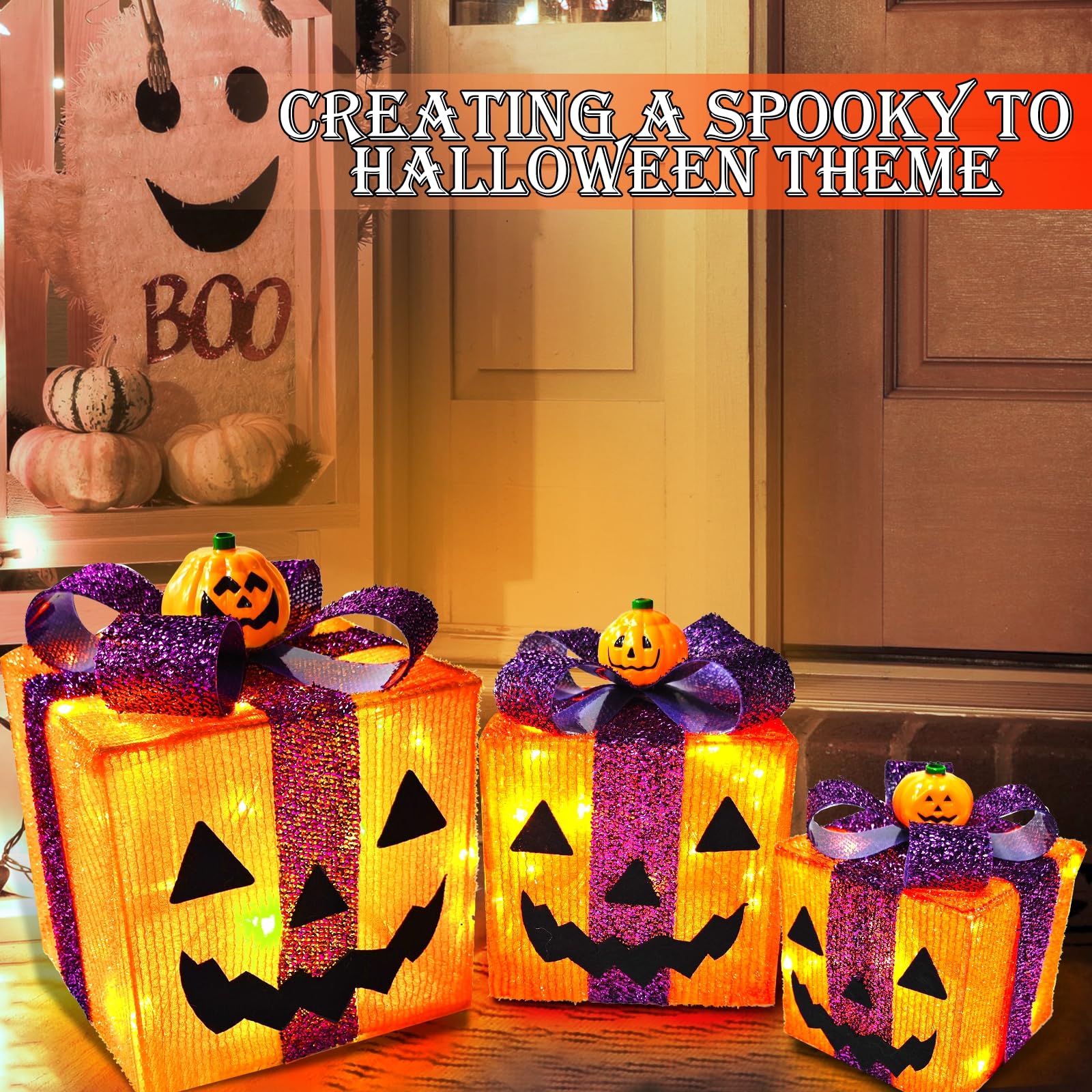[ 8 Modes & Timer ] 3 Pack Lighted Halloween Pumpkin Decorations with 60 LED Lights Battery Operated Jack-O-Lantern Gift Box Hal