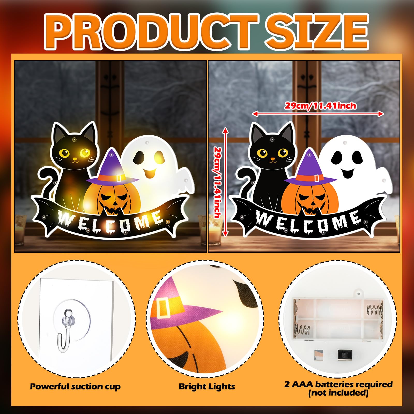 Wonderjune Welcome Halloween Door Decorations with Lights up Plastic Hanging Window Front Door Wreath Battery Powered Welcome Bl