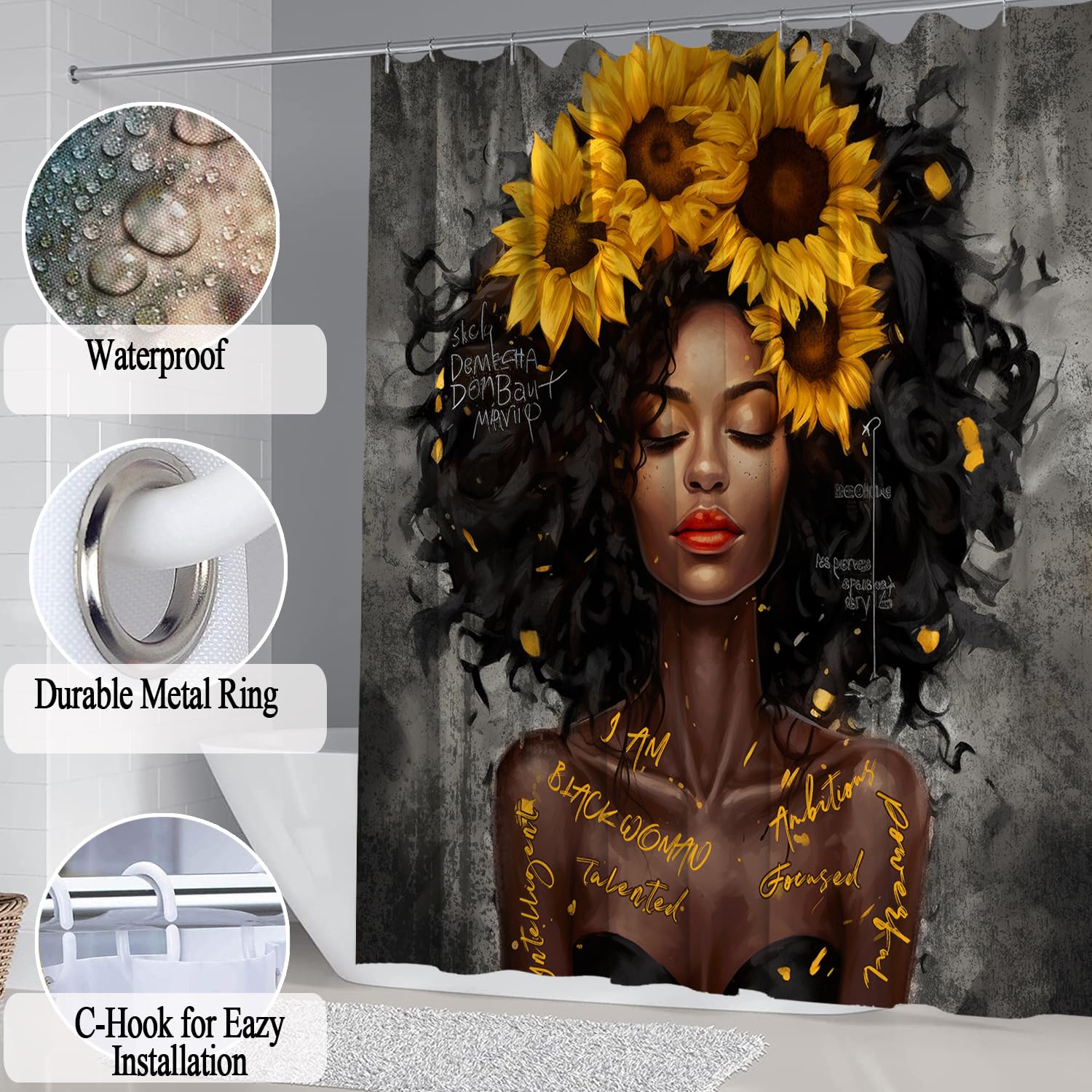 Omebero Black King Bathroom Shower Curtain Sets, Colorful Inspirational Quote Shower Curtains With Rugs Toilet Lid Cover Bath Ma