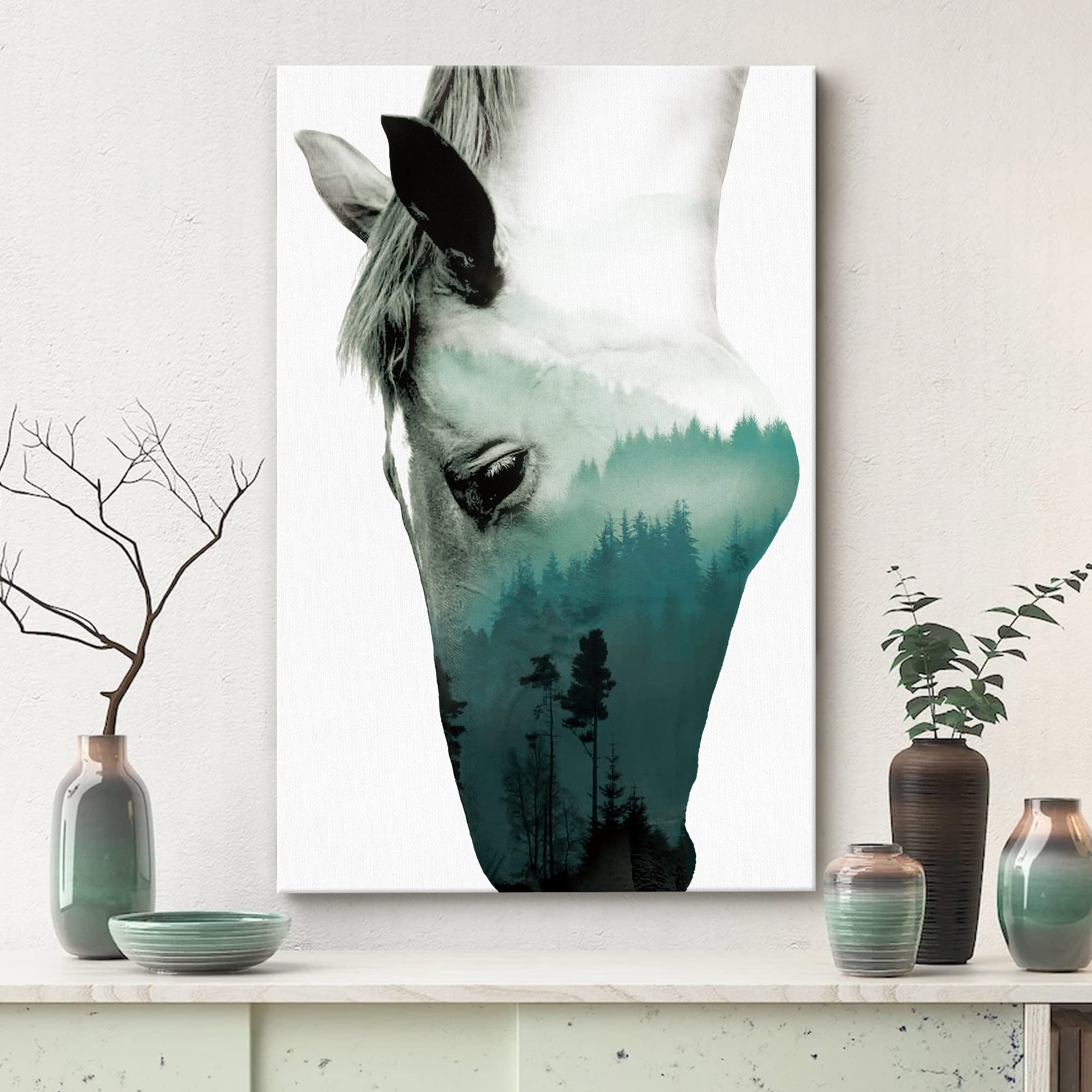 Signwin Canvas Wall Art A Wild Horse And Foggy Mountain Double Exposure Photography Animals Wildlife Digital Art Modern Art Rust