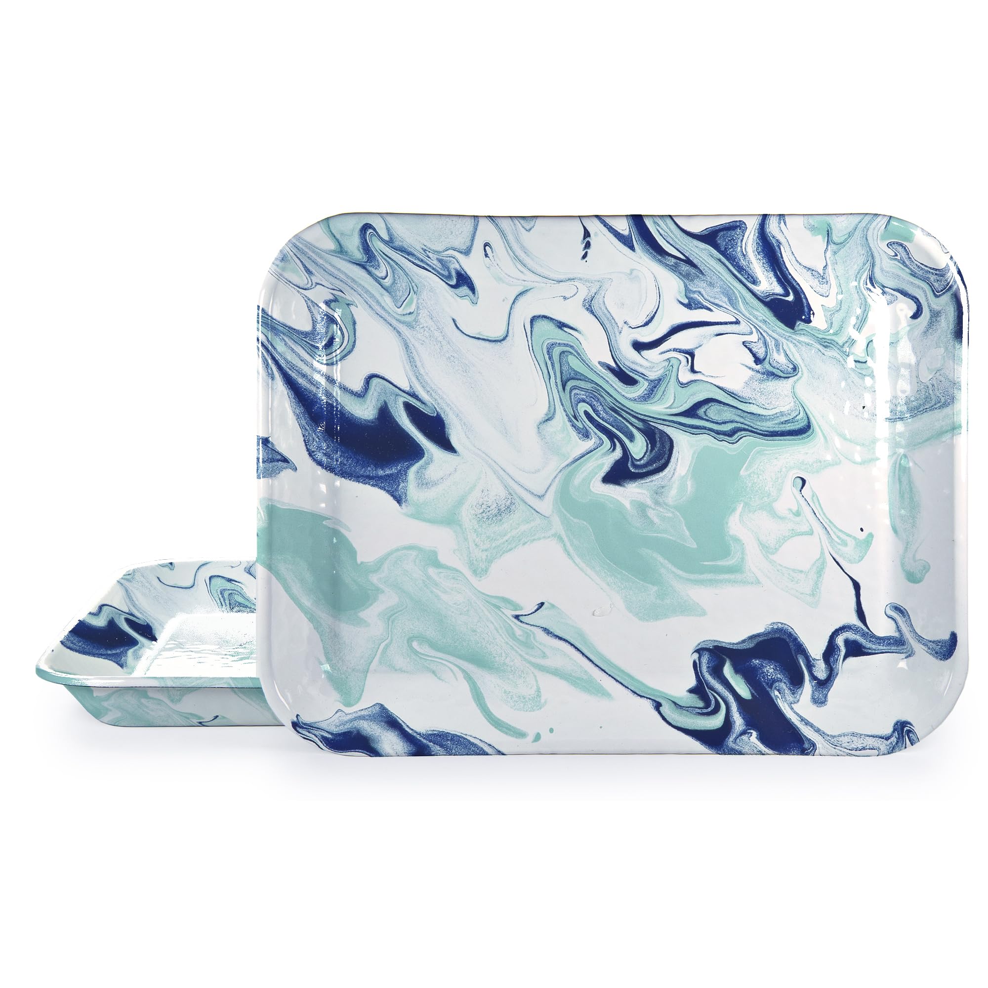 Golden Rabbit Enamelware Quarter Sheet Trays, 12 x 10in, Lagoon Marbled, Set of 2
