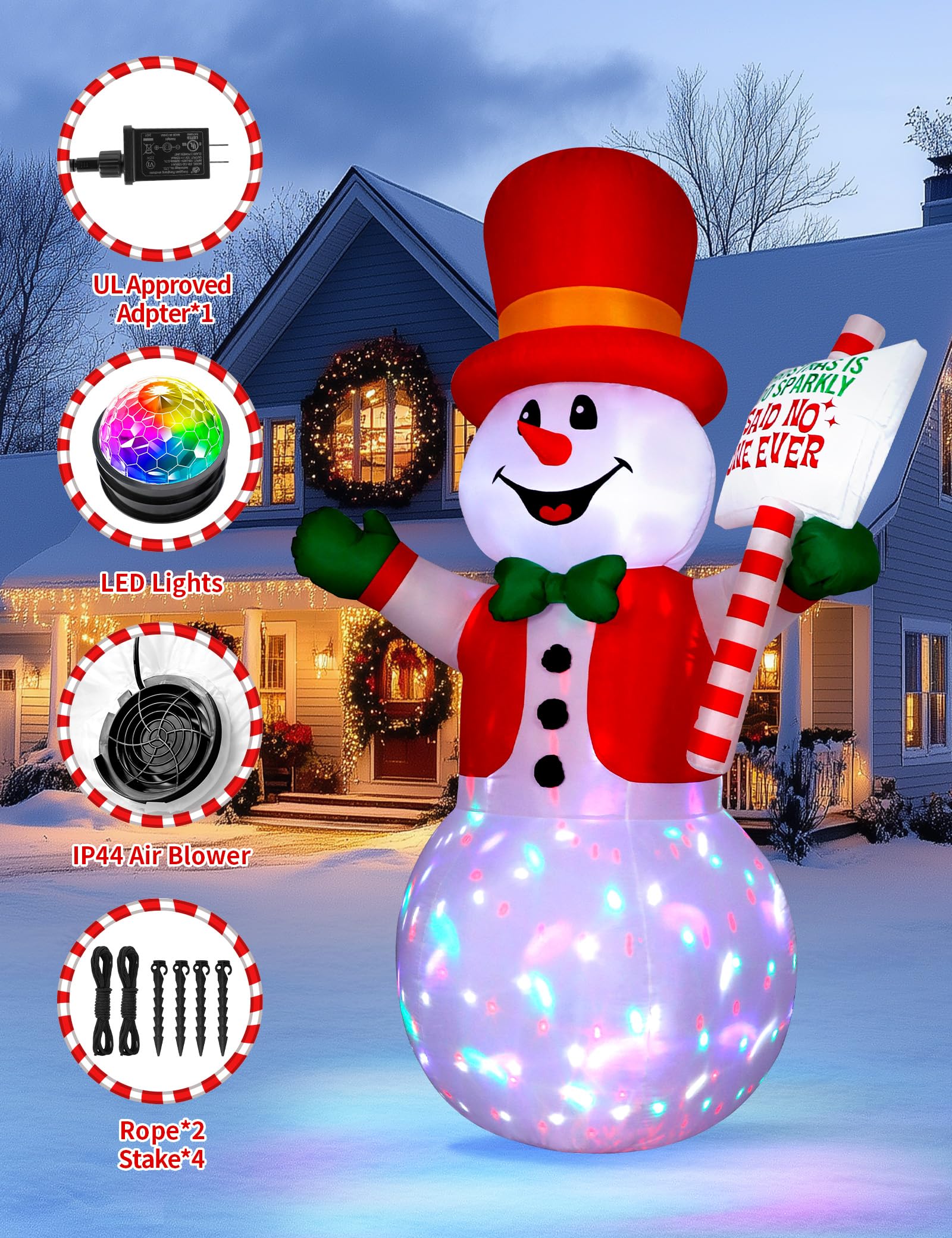 8ft Christmas Inflatable Outdoor Decoration Snowman, Gentleman Snowman Holding Sign Welcoming Guest, Built-in Rotating Disco Lig