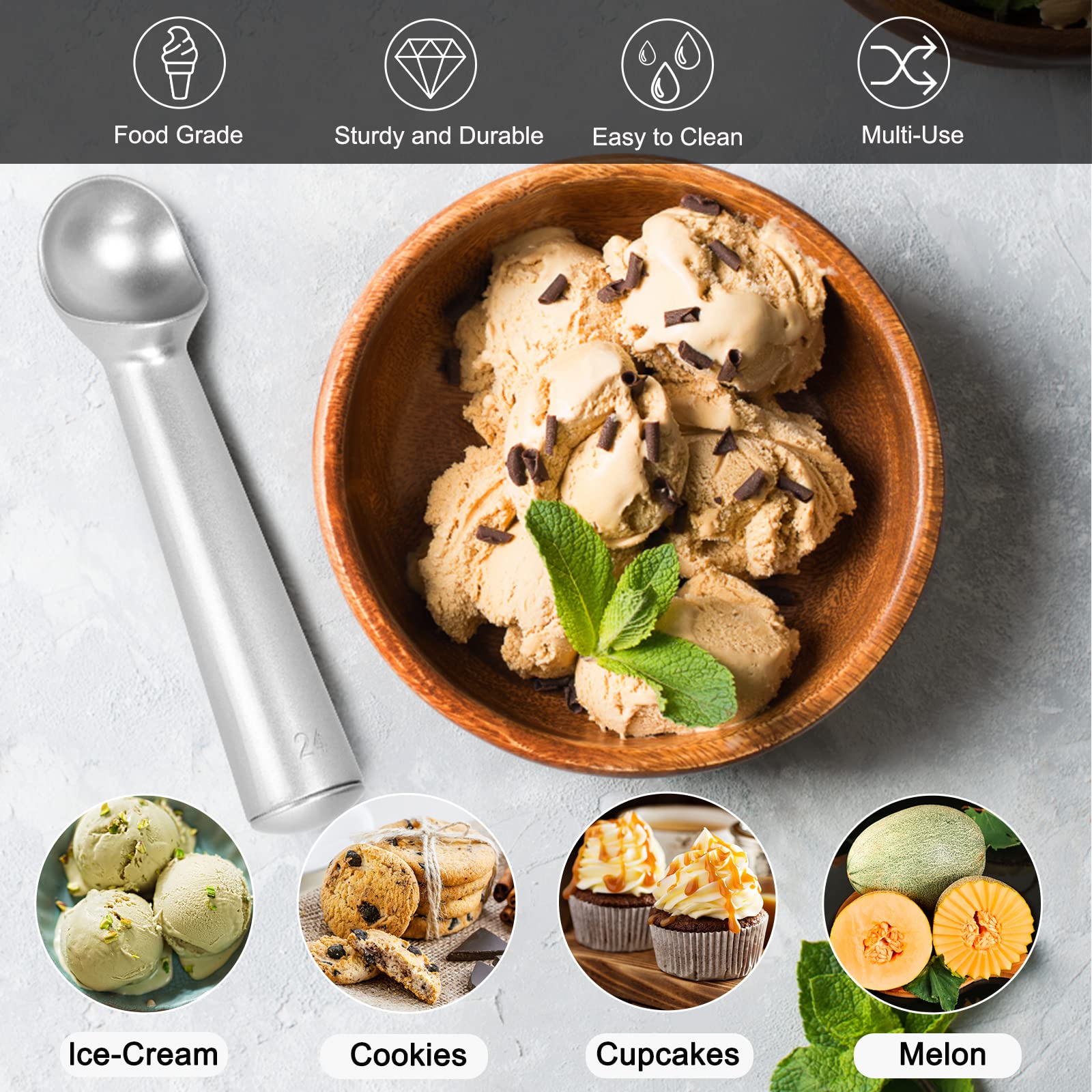 Cunsenr 7 Inch Ice Cream Scoop - Professional Metal Ice Cream Scooper - Easy To Use & Clean - Non-Stick Aluminum Ice Cream Spoon
