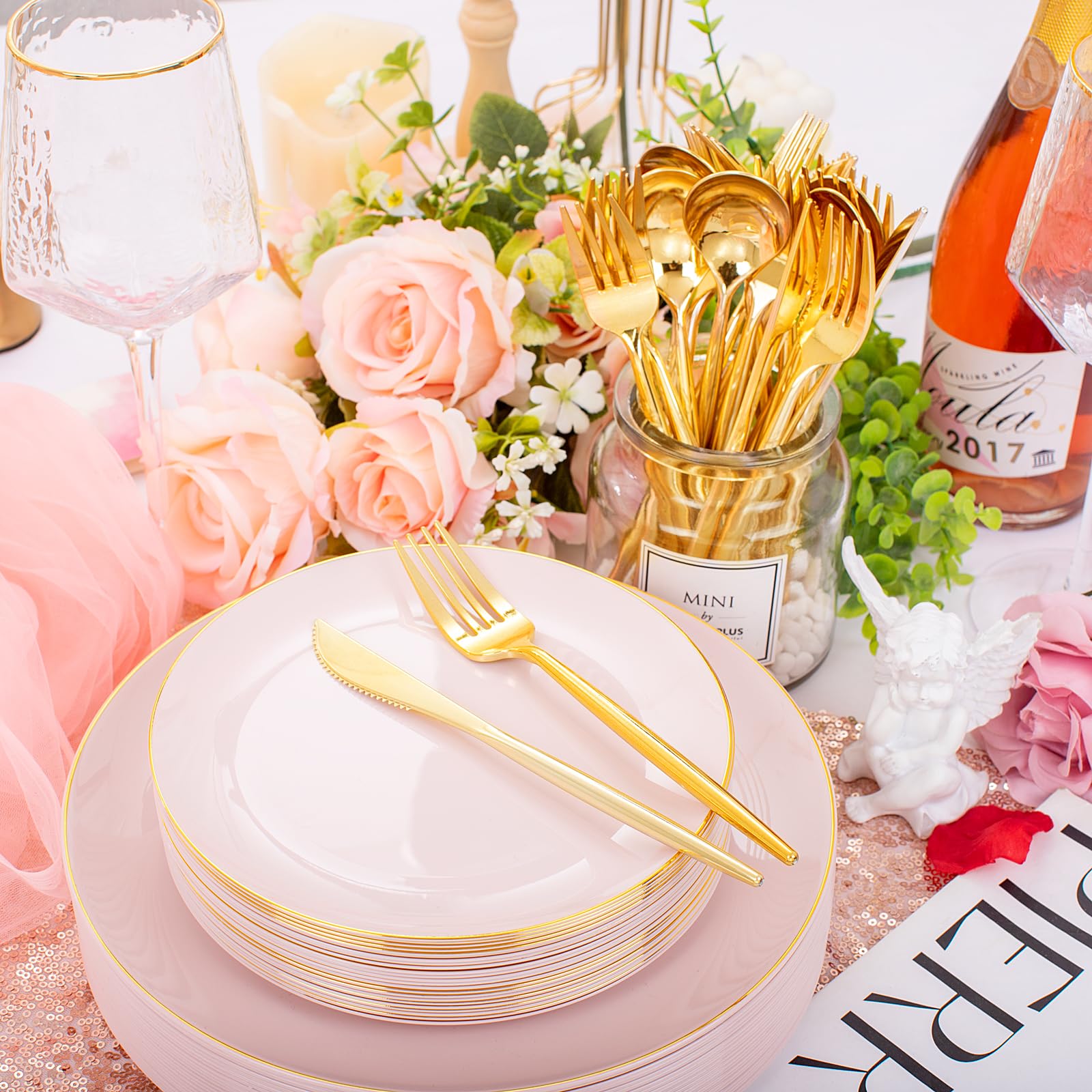 I00000 30 Guests Pink Plastic Plates For Party,Pink Valentine Plates, Gold Disposable Dinnerware Set Include 30 Dinner Plates,30
