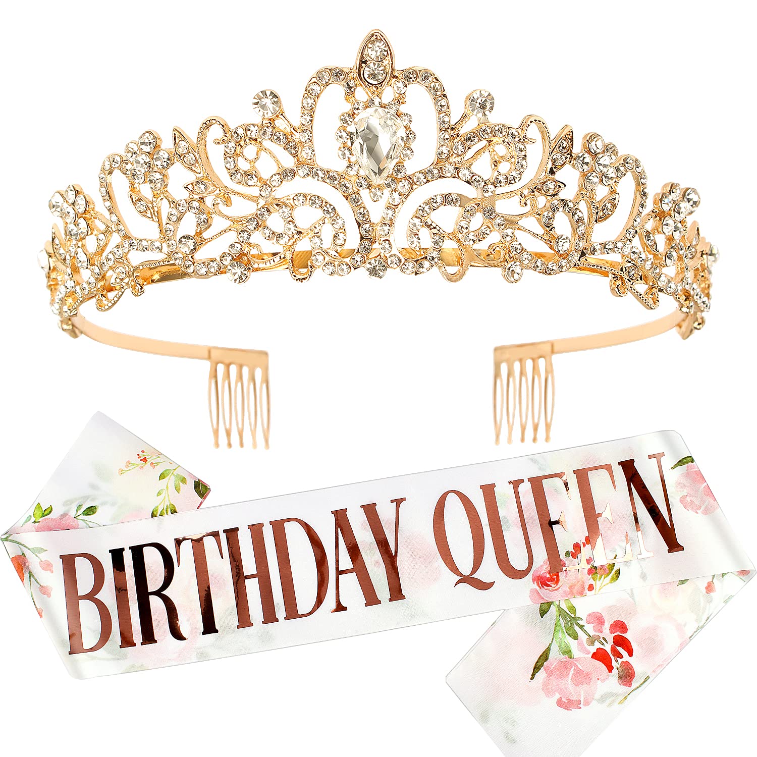 Gold Birthday Prom Queen Tiara Crown For Women, Happy Birthday Flower Crown Sash, Birthday Decorations Party Favors Supplies Bir