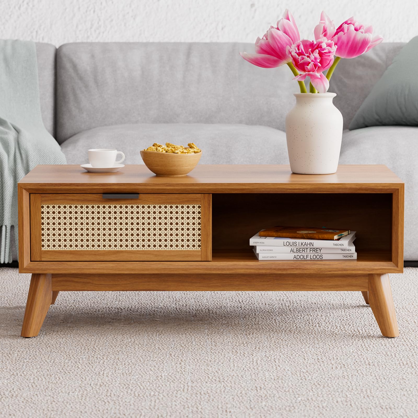 Bme Solid Wood Jasper Coffee Table With Storage, Accent Rattan Design, Good Choice For Living Room, Dark Chocolate