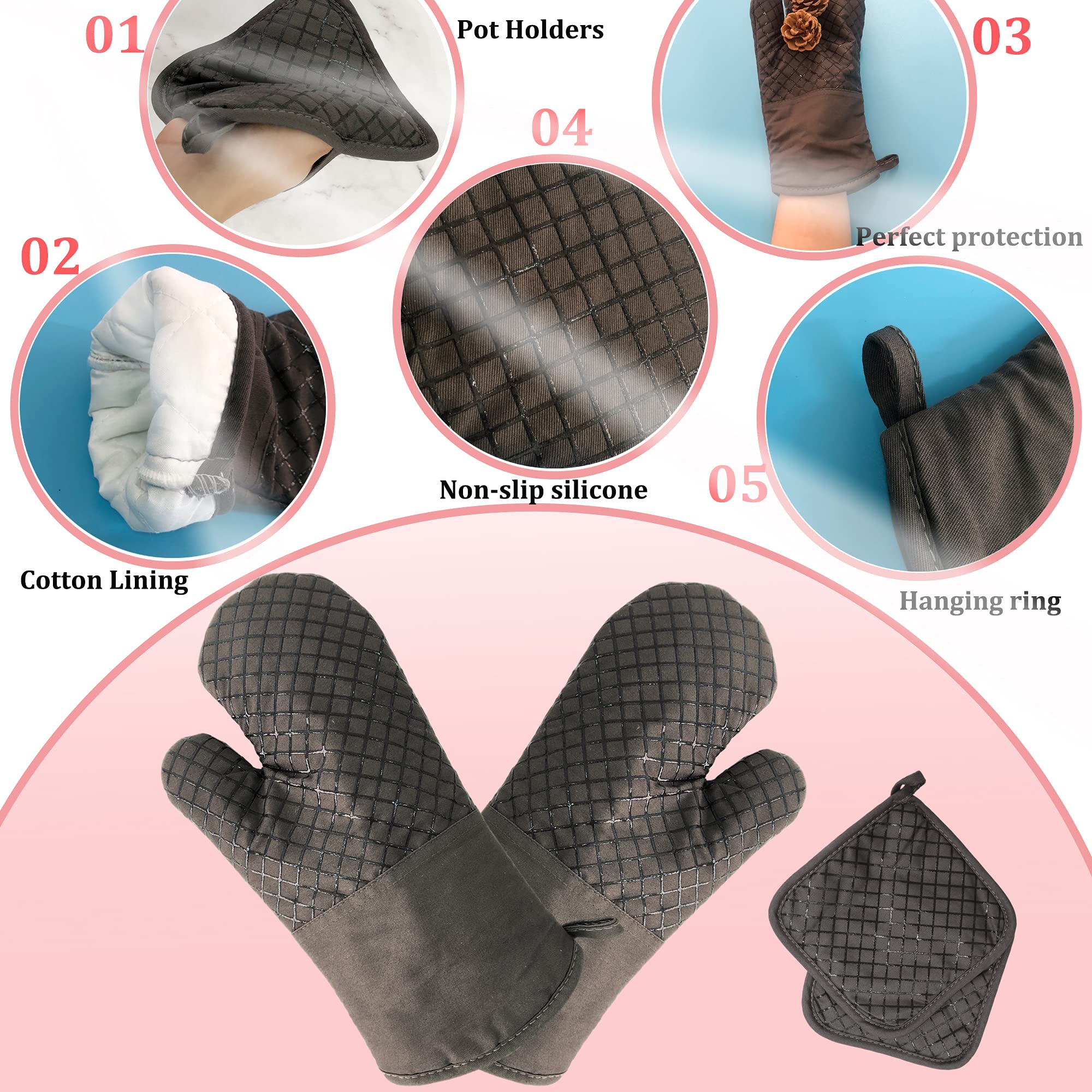 4 Pcs Oven Mitts And Pot Holders,500F High Heat Resistant Kitchen Oven Mitts With Pot Holders,Long Oven Mitts With Recycled Cott