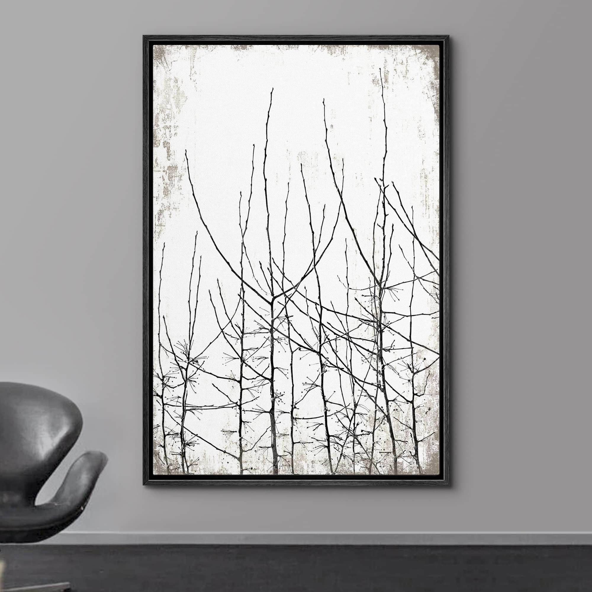 Wall26 Framed Canvas Print Wall Art Black & White Forest Trees With Grunge Background Floral Nature Illustrations Modern Art Rus