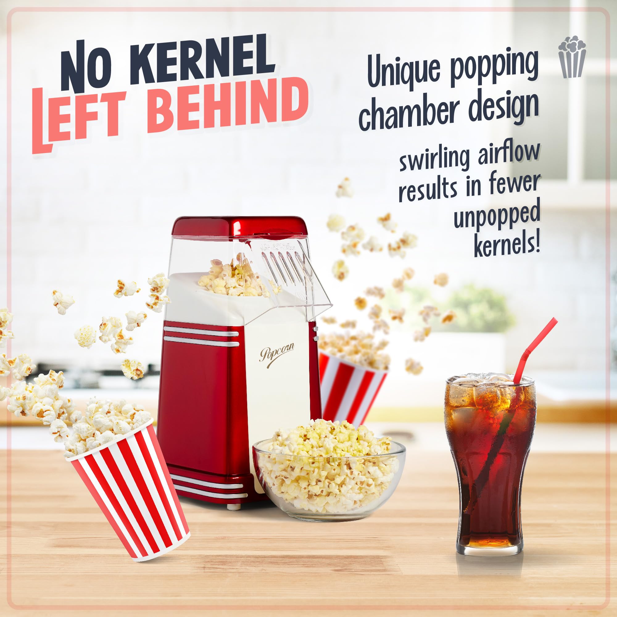 Nostalgia Hot-Air Electric Popcorn Maker, 8 Cups, Healthy Oil Free Popcorn With Measuring Scoop, Retro Red