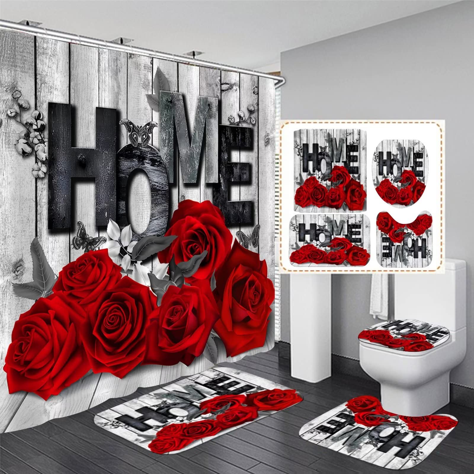 Yddsky Red Rose 4 Pcs Shower Curtain Sets Non-Slip Rugs Bath Mat Toilet Cover U Shaped Mat Black Red Shower Curtain With 12 Hook