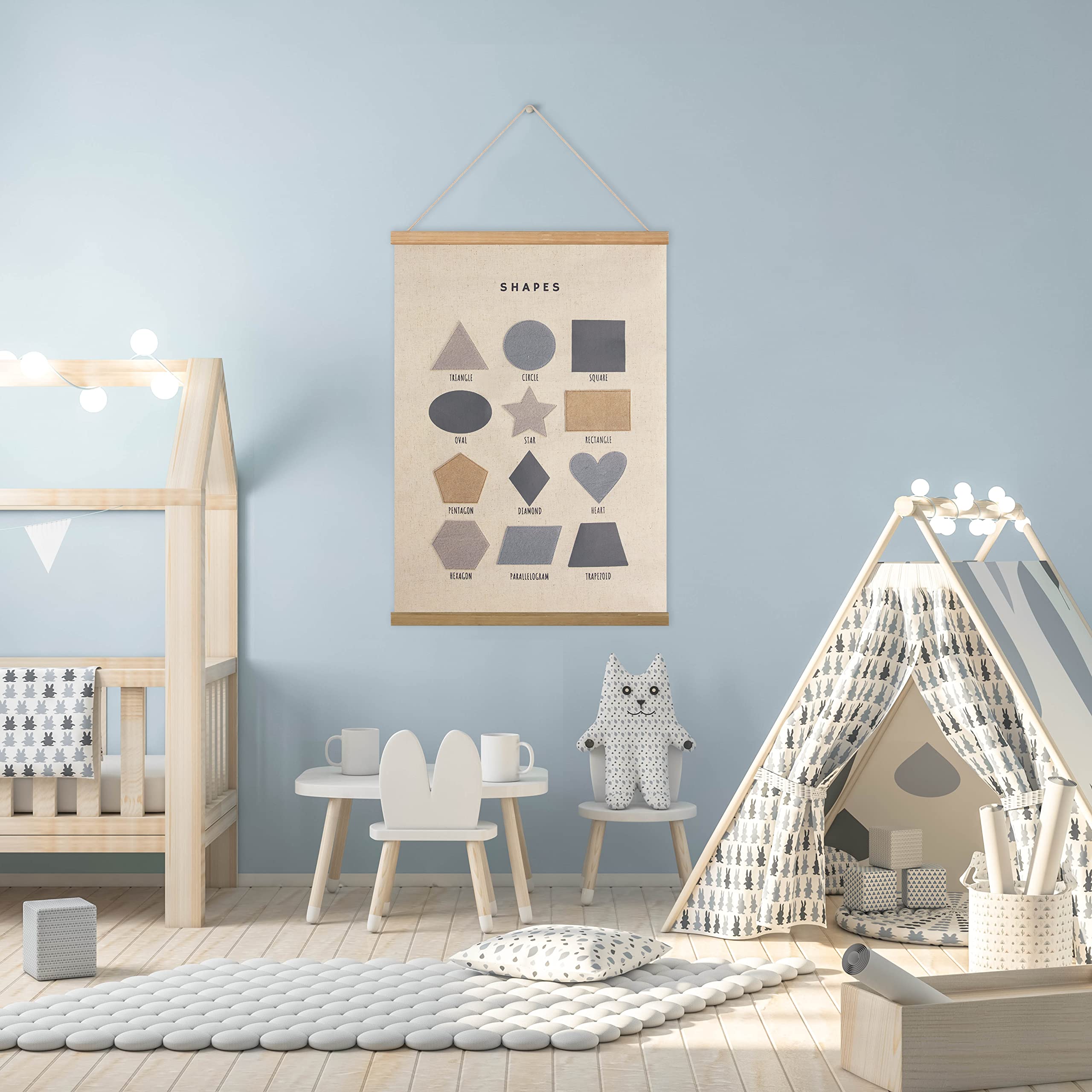 Bon Et Beau 16  24 Inch Embroidered Shape Poster Framed With Wood Hanger - Neutral Gray Wall Decor For Boys Nursery, Bedroom, Pl