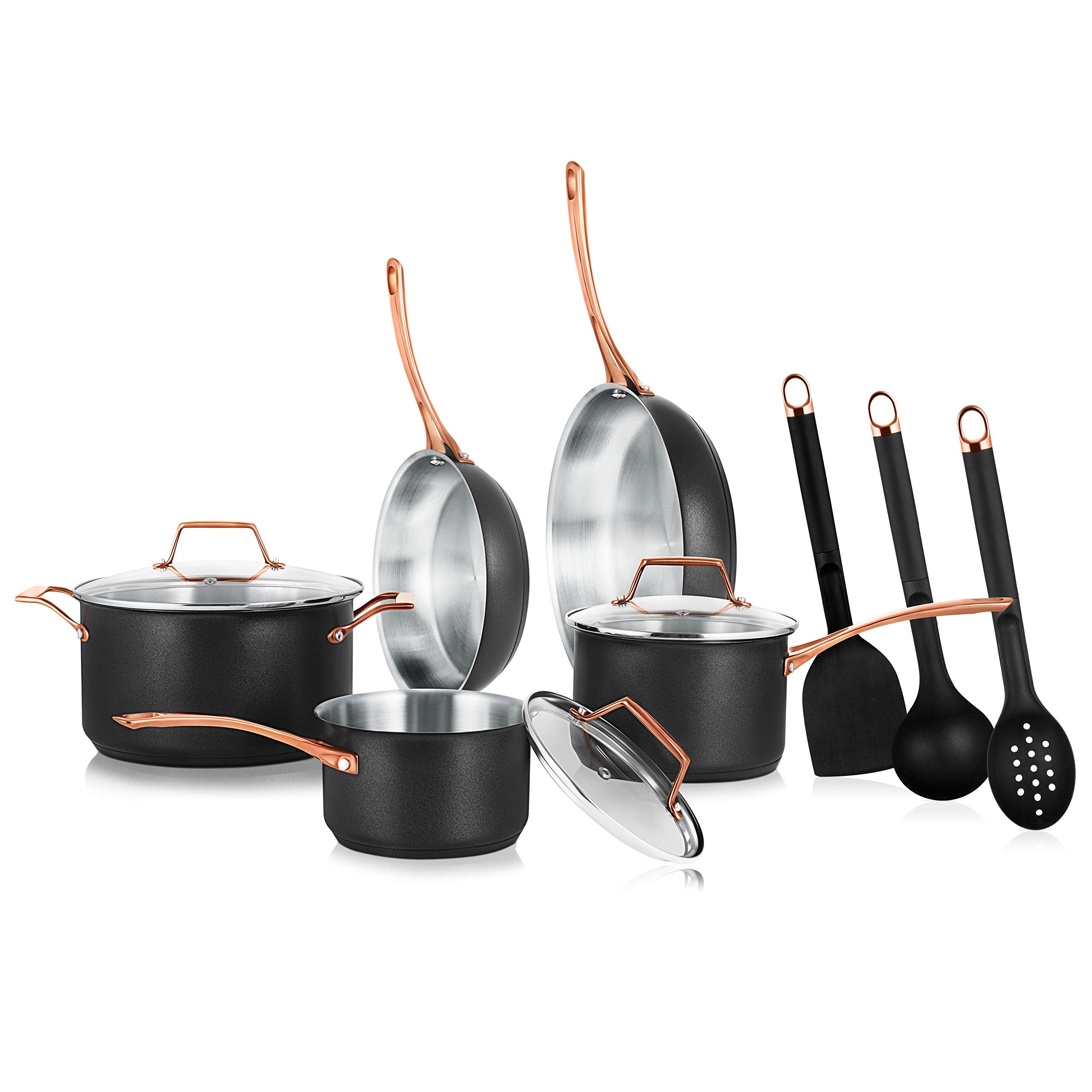 NutriChef 11 Pcs. Stylish Kitchen Set w/Modern Cookware Design Non-Stick Kitchenware Pots, Small & Medium Skillet Fry Pans w/Gol