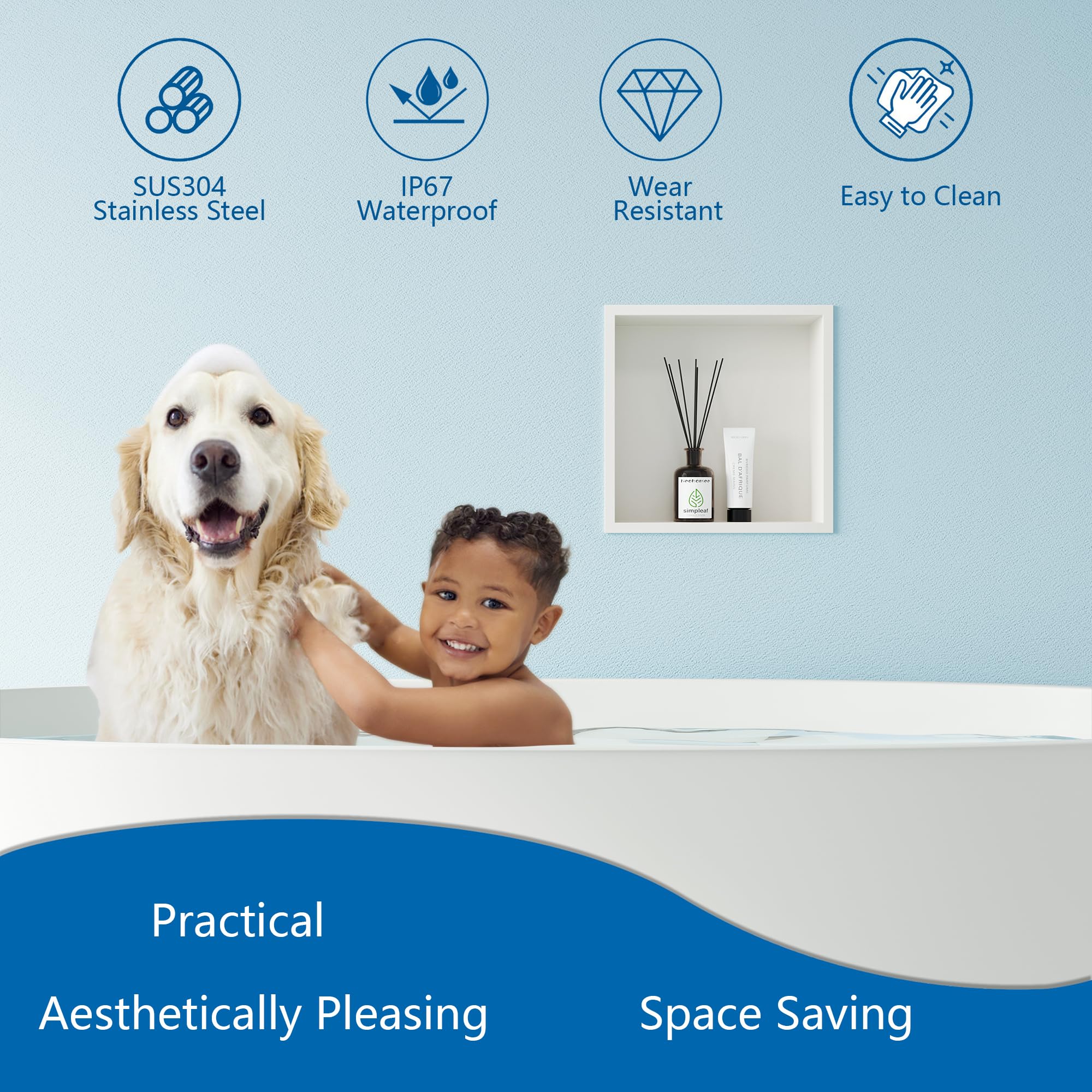 Neodrain White Shower Niche, Insert Storage Shower Shelf (Outside Size 13.1   X13.1)(Inner Size 12'' X 12''), Stainless Steel Wa