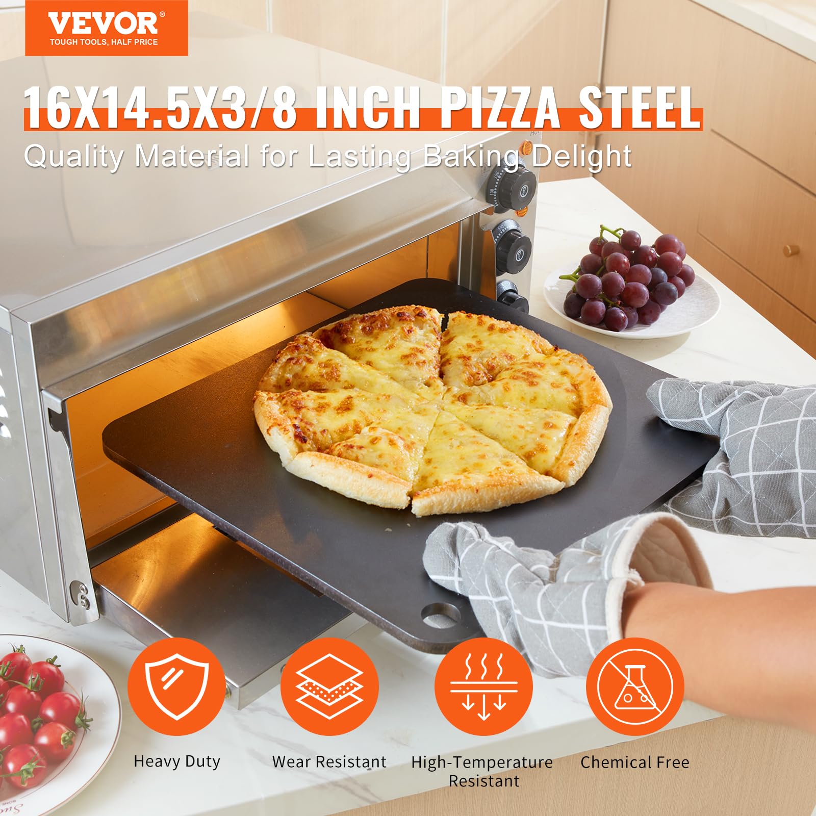 Vevor Pizza Steel, 16'' X 14.5'' X 3/8'' Pizza Steel Plate For Oven, Pre-Seasoned Carbon Steel Pizza Baking Stone With 20X Highe