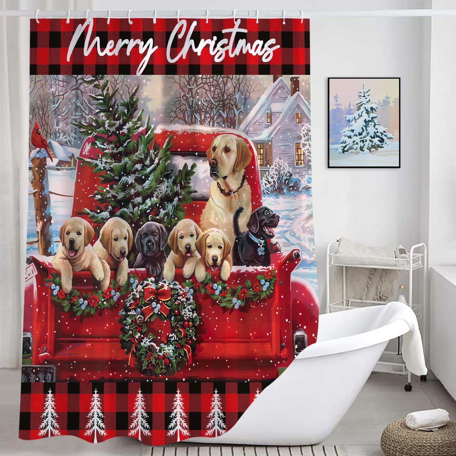 Jbralid Christmas Shower Curtain Vintage Red Truck With Xmas Tree Cute Dog Kids Shower Curtain Buffalo Check Plaid Waterproof Ba