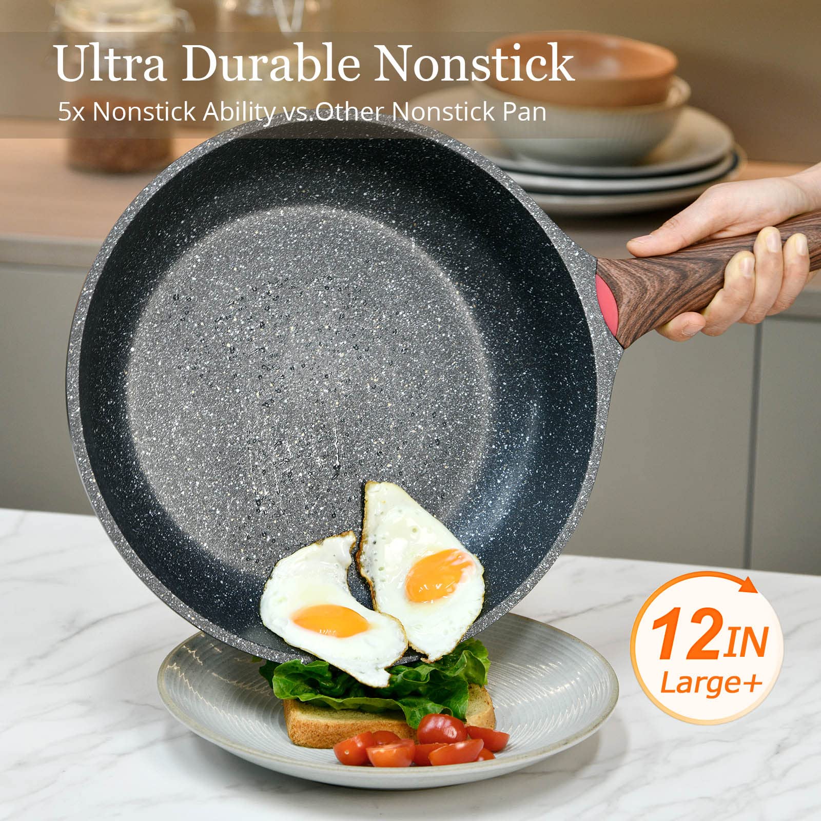 DIIG Nonstick Frying Pan with Lid  12 in No Stick PFOA-Free Granite Stone Coating Chef's Pan  Large 30 cm Cooking Pans for Family  Gift Cookware Pan Set for Gas Stove  Induction Top