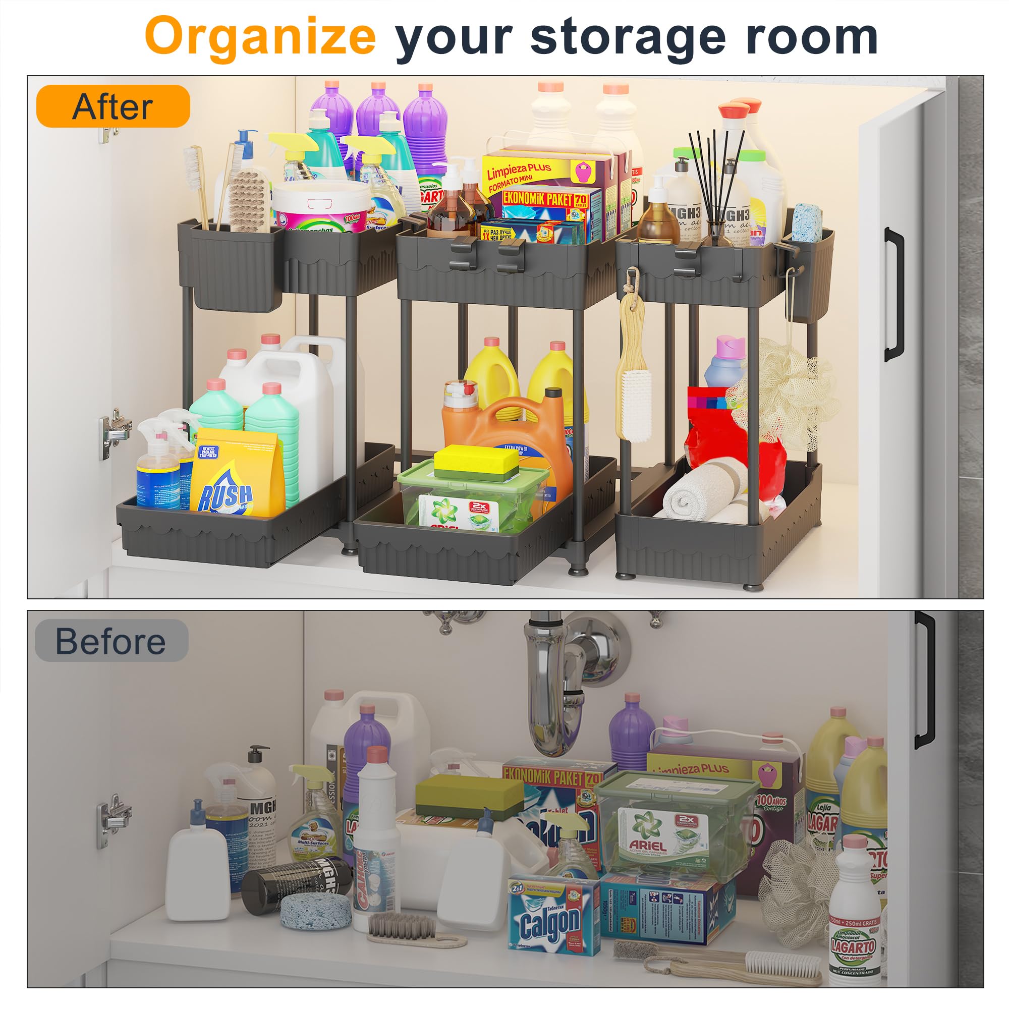 Sevenblue 3 Pack Under Sink Organizer, 2-Tier Multi-Use Kitchen Bathroom Organizers And Storage With Sliding Drawer, Bathroom Ca