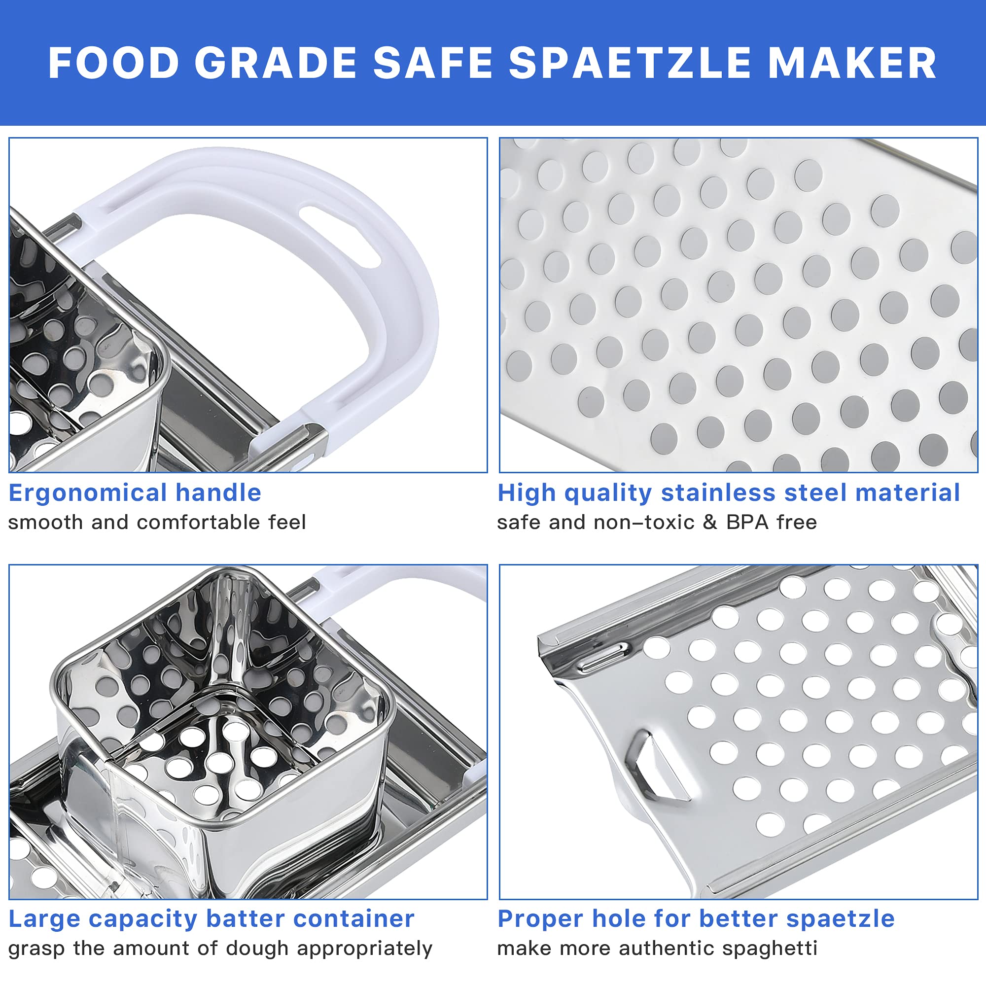 Worldity Stainless Steel Spaetzle Maker, Homemade Germany Spaetzle Noodle Maker With Comfortable Rubber Handle, Including Skimme