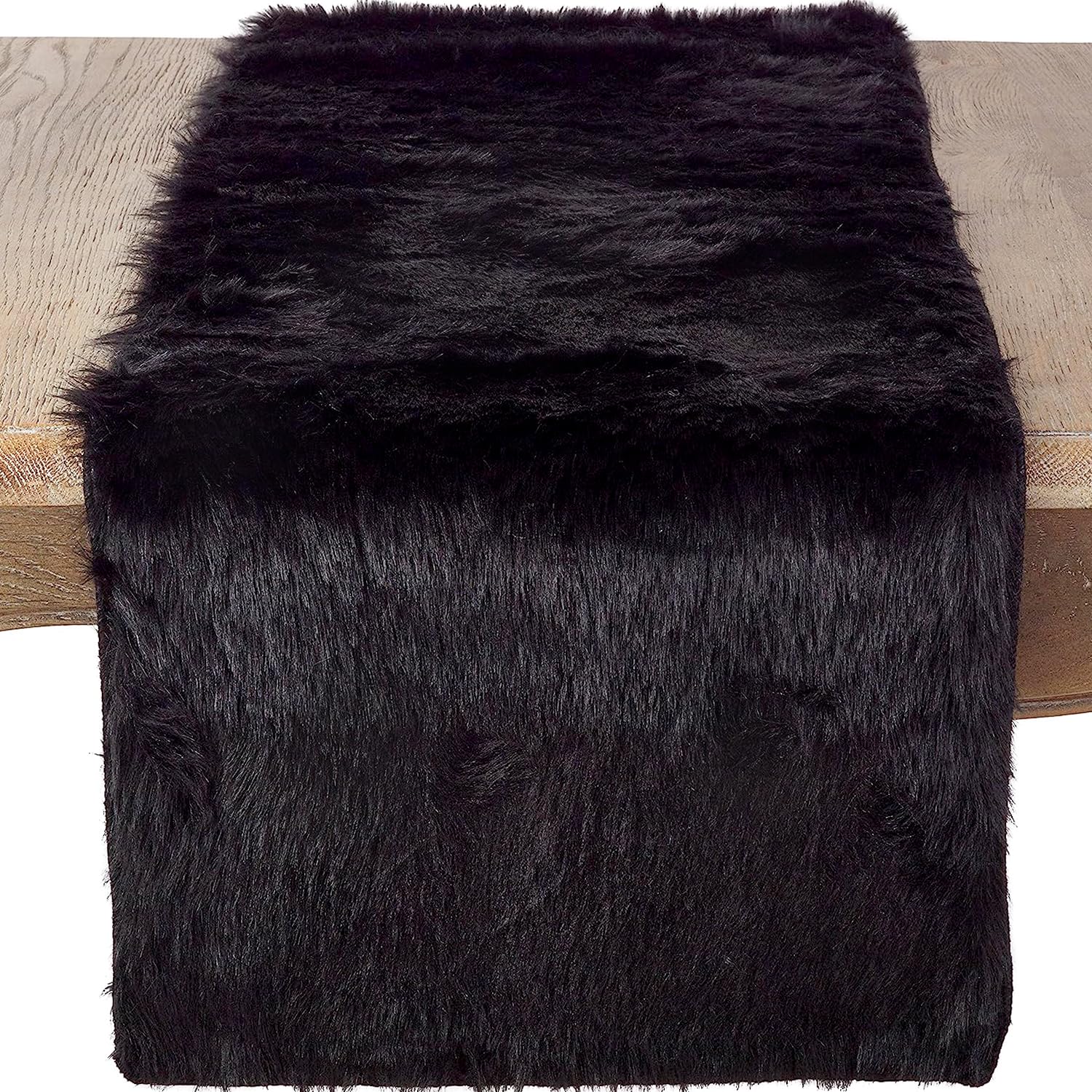 Saro Lifestyle Faux Fur Design Topper Table Runner, Black, 15''X108''
