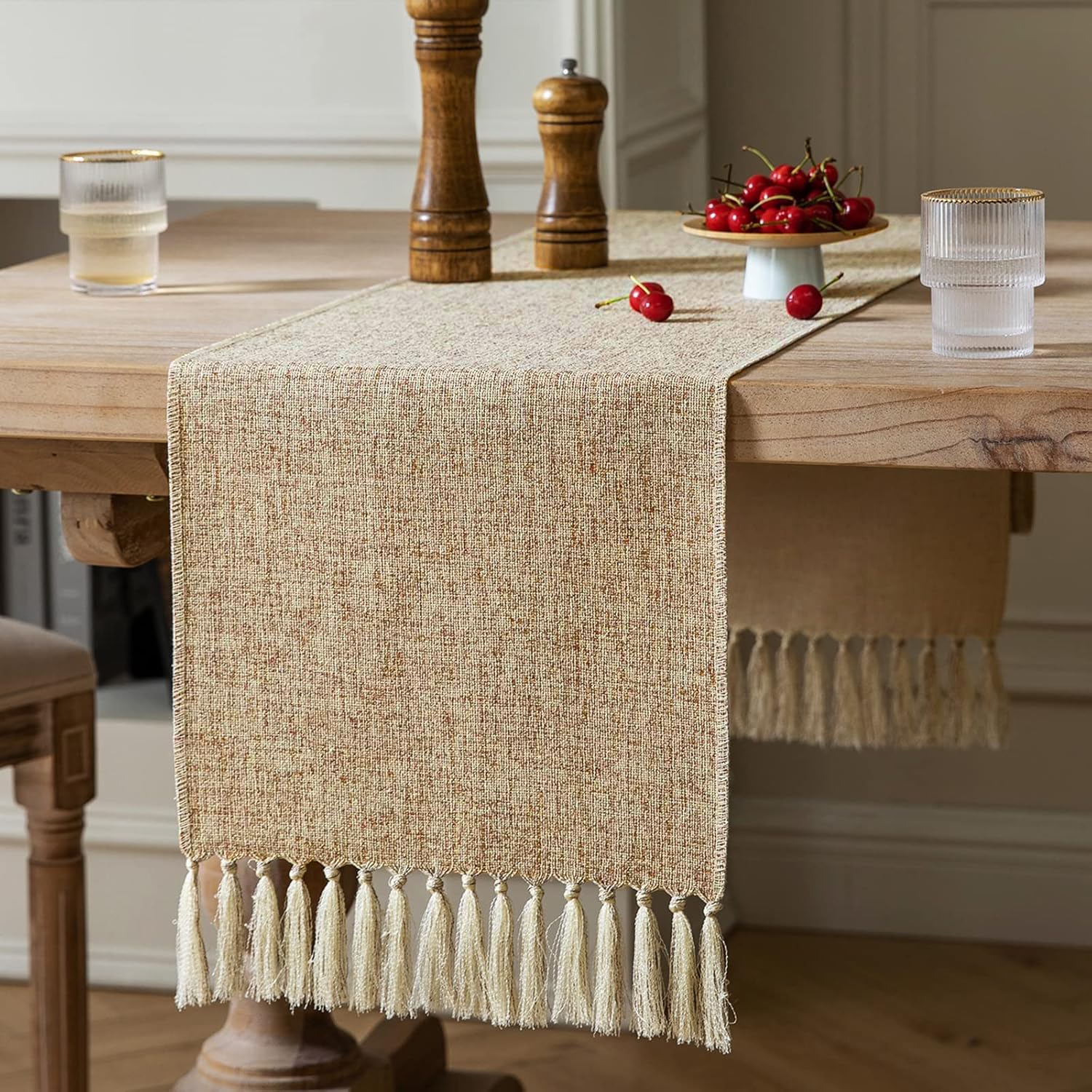 ZeeMart Beige Table Runners 108 Inches Long  Burlap Linen Style Rustic Farmhouse Table Runner  Long Boho Dining Table Runner  13x108 Inches  Oatmeal Beige