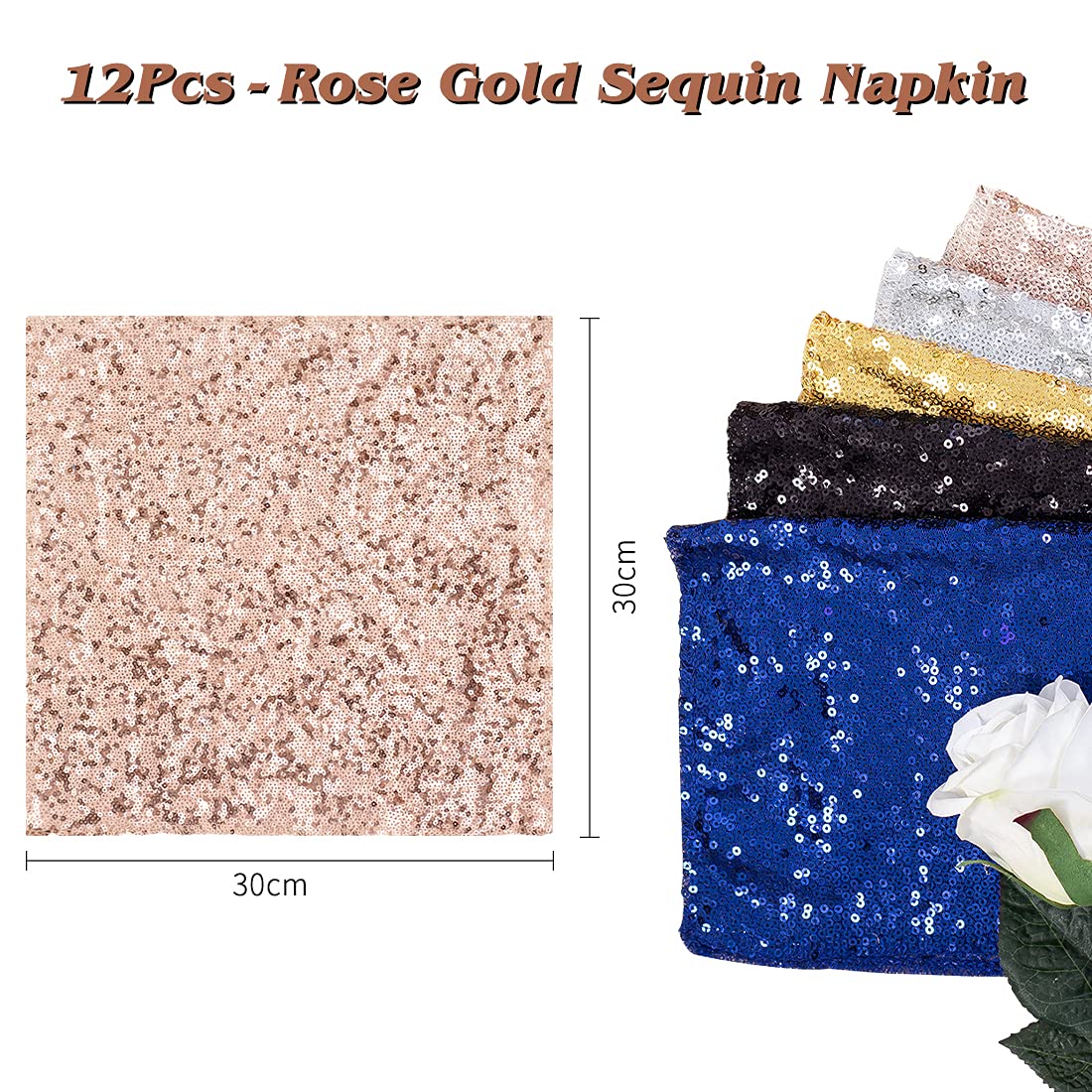 Juya Delight 12 Pcs Sequin Napkins Rose Gold,12 ''X12 '' Glitter Dinner Cloth Napkins For Restaurant, Bistro, Wedding, Thanksgiv