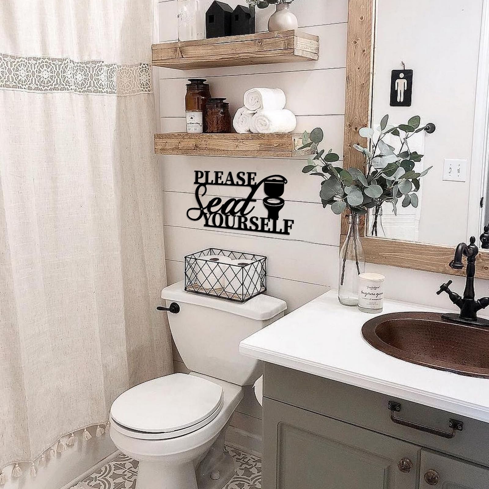 Bathroom Metal Wall Decor, Please Seat Yourself Sign Funny D  cor Sign for Bathroom, 7X13.7 Black Modern Metal Sign for Hanging