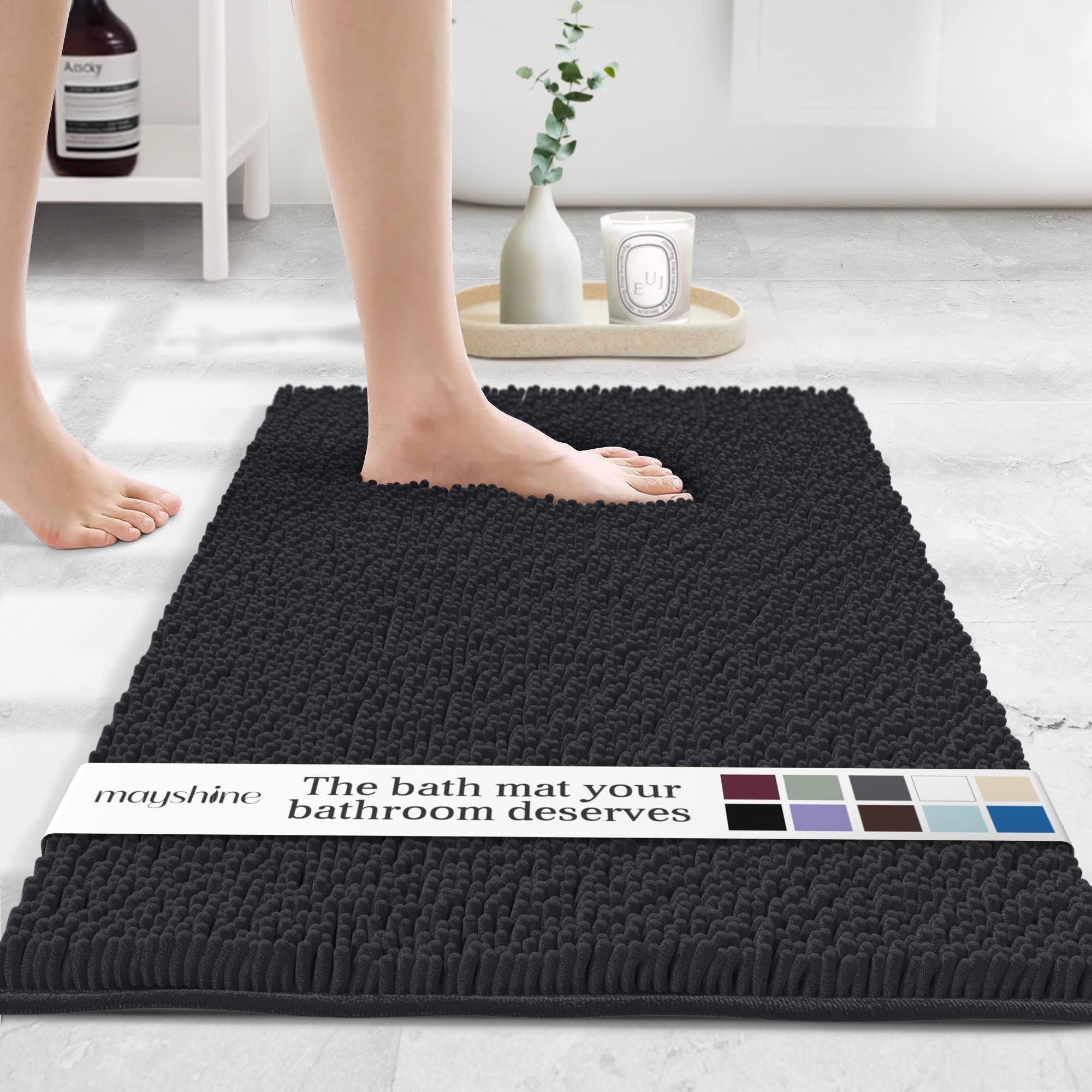 Soft Plush Chenille Bathroom Rug  Absorbent Microfiber Bath Mat  Machine Washable  Non-Slip Grip  Quick-Dry  Thick Shag Carpet (Black  17x24)
