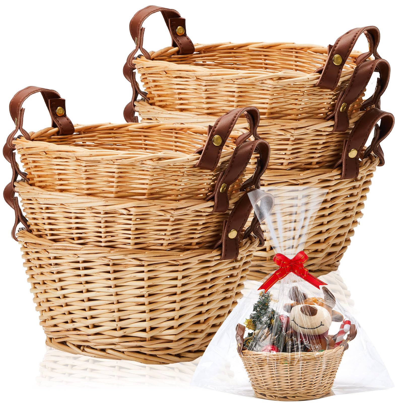 Sintuff 6 Pcs Small Wicker Basket for Gifts, Empty to Fill Chocolate Nuts Cookies Fruits with Handle, Clear Cellophane Wrap Bags