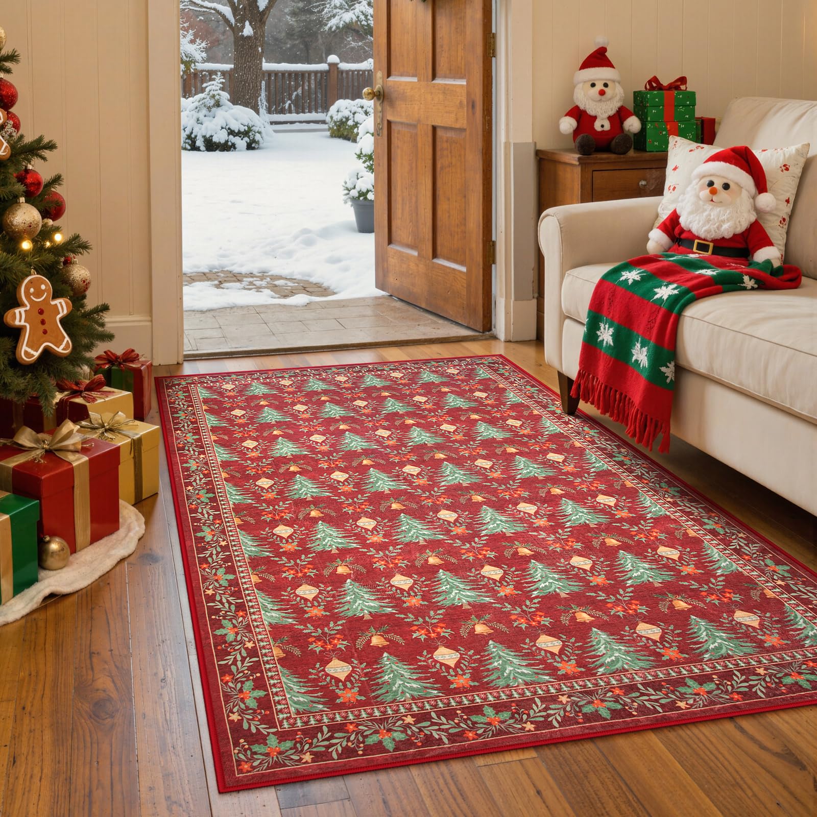 Yuemasi Christmas Bedroom Area Rug 3x5, Soft Beige Nursery Rug Non Slip Washable Christmas Entryway Rug Ultra-Thin, Tree Pattern