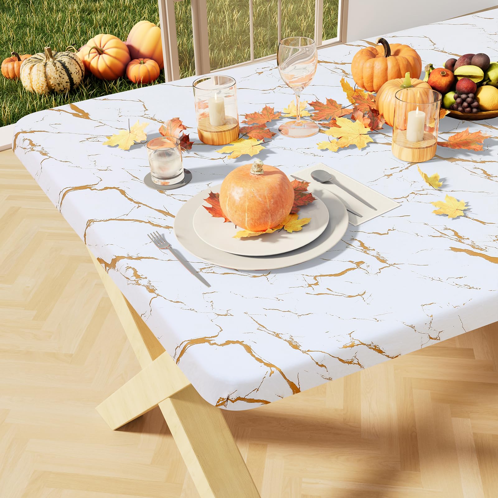 misaya Rectangle Vinyl Flannel Backed Tablecloth, Elastic Waterproof Fitted Table Cover, Plastic Table Cloth Fit 4 Foot Folding 