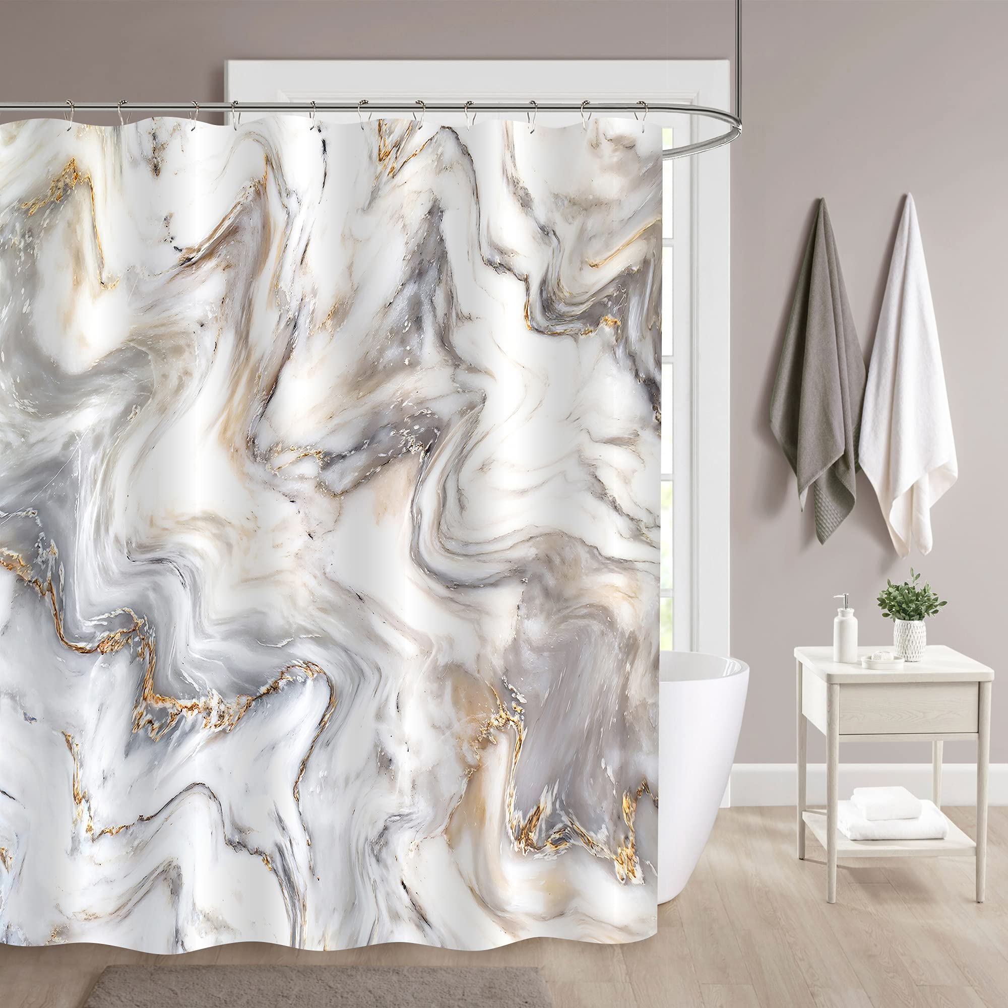 Mitovilla Grey Gold Marble Shower Curtain Set, Abstract Modern Shower Curtain For Bathroom Decor, Luxury Standard Shower Curtain