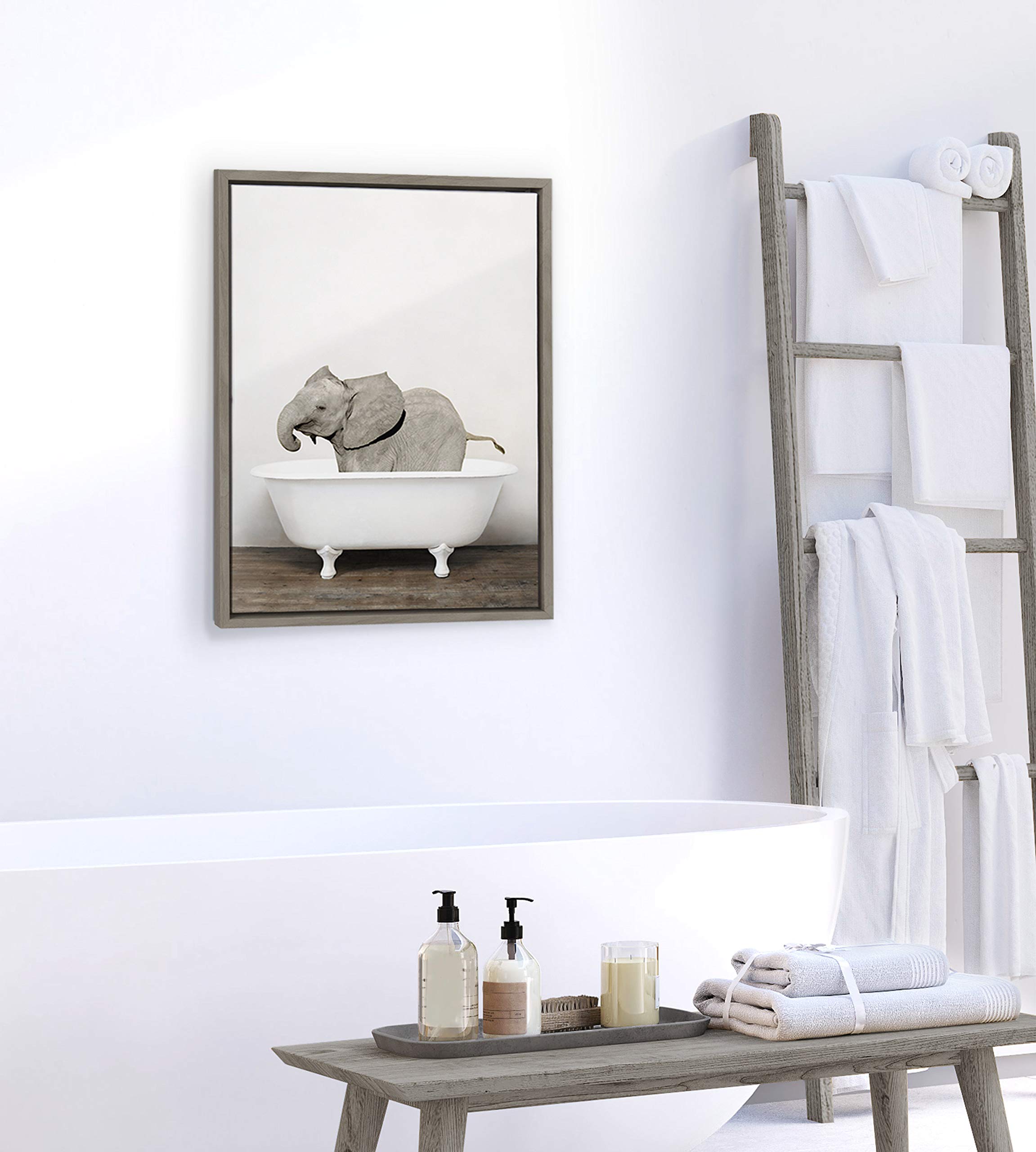 Kate And Laurel Sylvie Baby Elephant In The Tub Framed Canvas Wall Art By Amy Peterson, 18X24 Gray