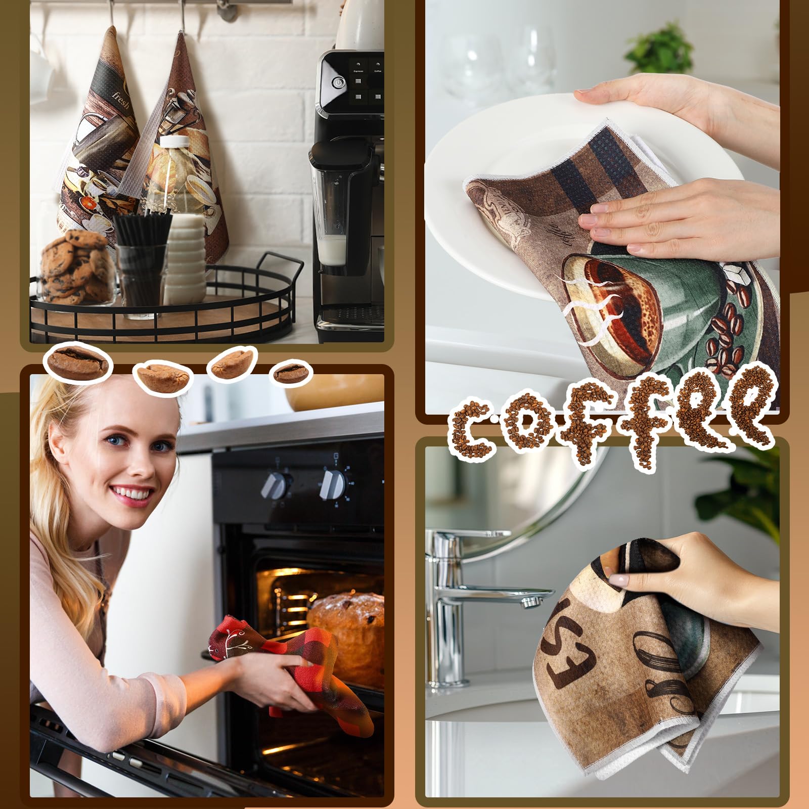 Boyiee Set of 6 Barista Kitchen Towels 12 x 12 Inches Coffee Waffle Dish Towels Absorbent Decorative Hand Dish Cloths Housewarmi