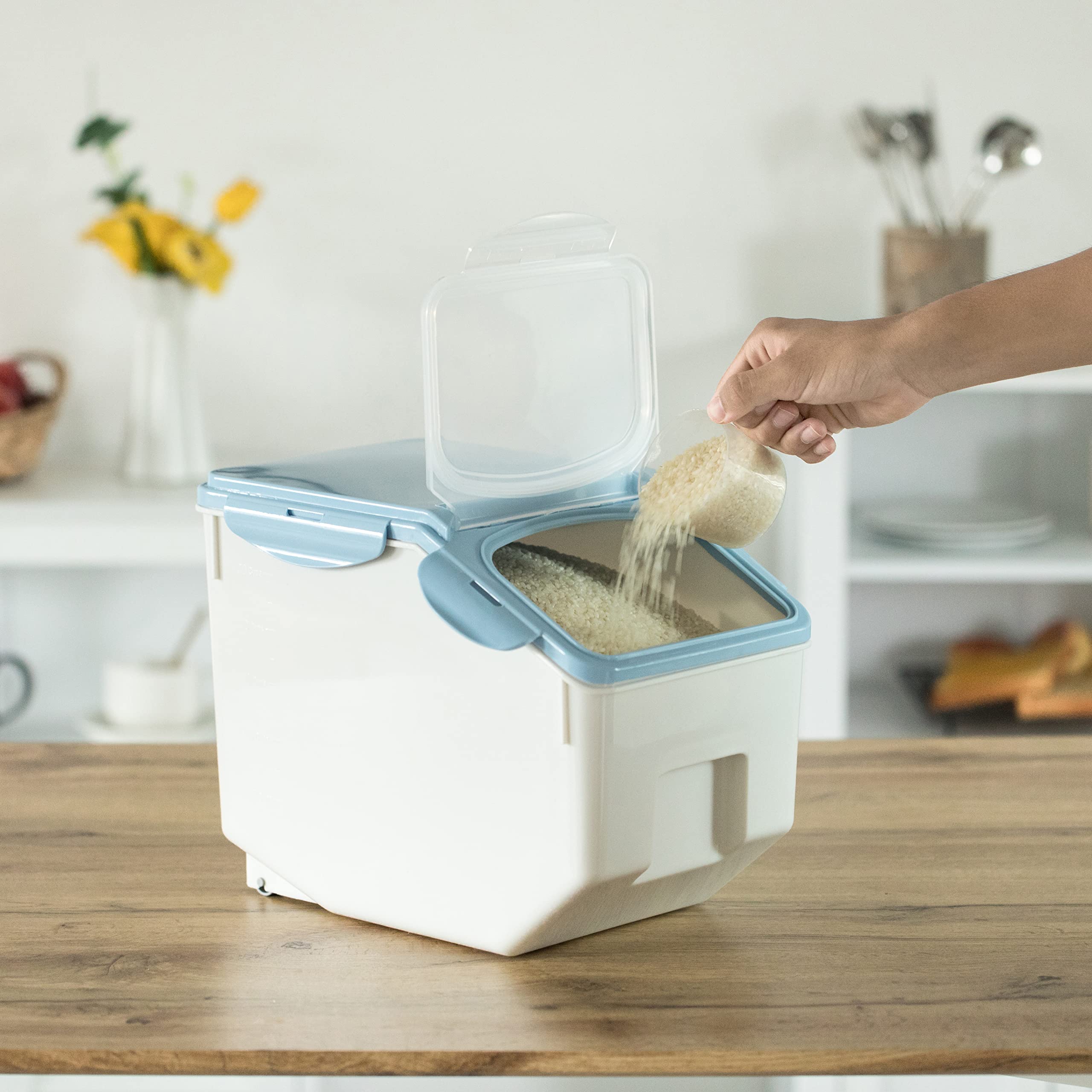 Basicwise White Plastic Storage Food Holder Containers, Set Of 2, With A Measuring Cup And Wheels, Medium, Clear, (Qi004138M.2)