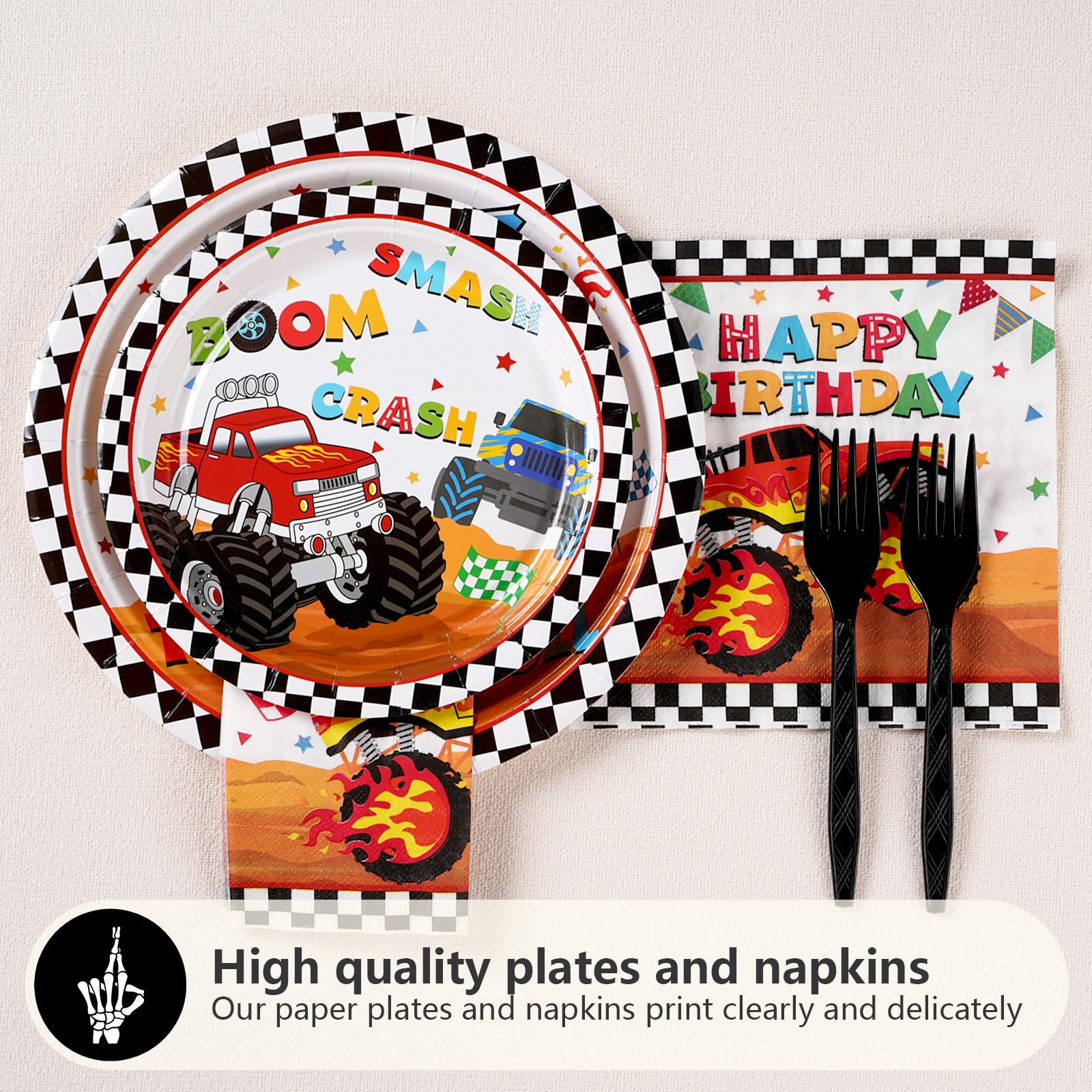 96 Pcs Monster Truck 4Th Birthday Party Supplies 350 Gsm Monster Truck Plates And Napkins Checkered Tableware Set Monster Birthd