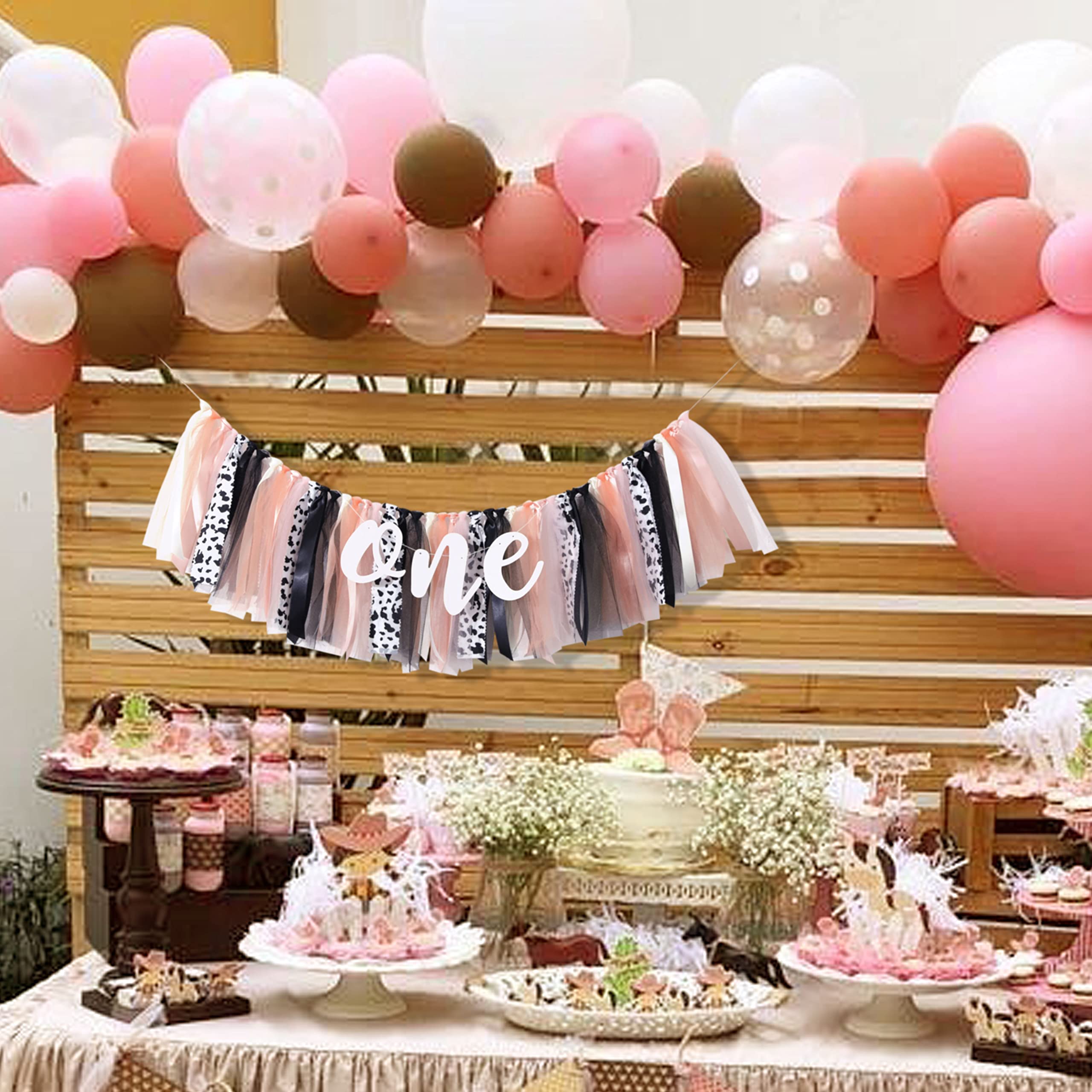 Cow Theme High Chair Banner Tutu Skirt - Farm Peach Coral Birthday Decoration - 1St/First Highchair Banner,Girl Birthday Party P