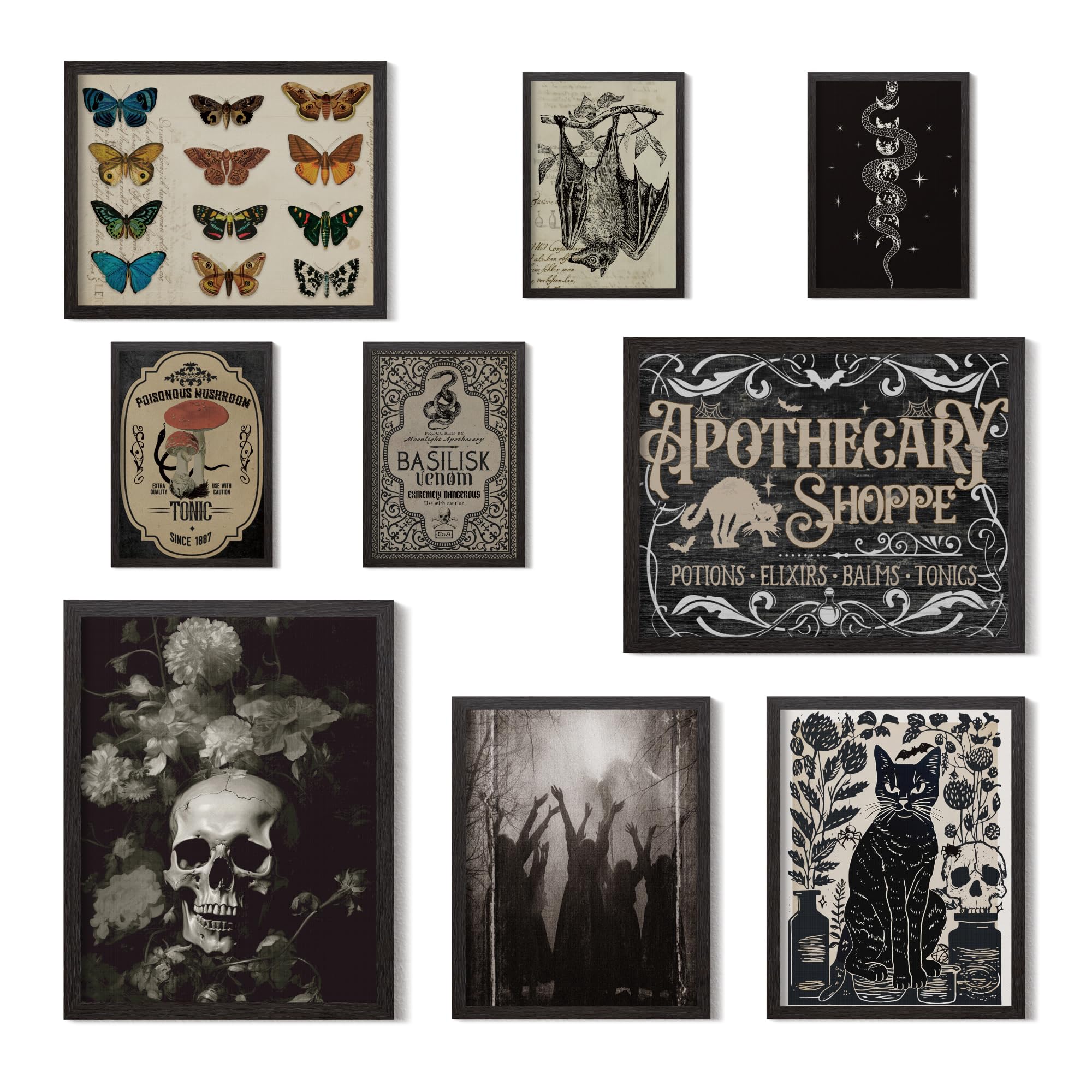 Putuo Decor Gothic Witchy Wall Decor Aesthetic, 9Pcs Gothic Ghost Black Cat Wall Decor, Dark Academia Room Decor, Skull Bat Prin