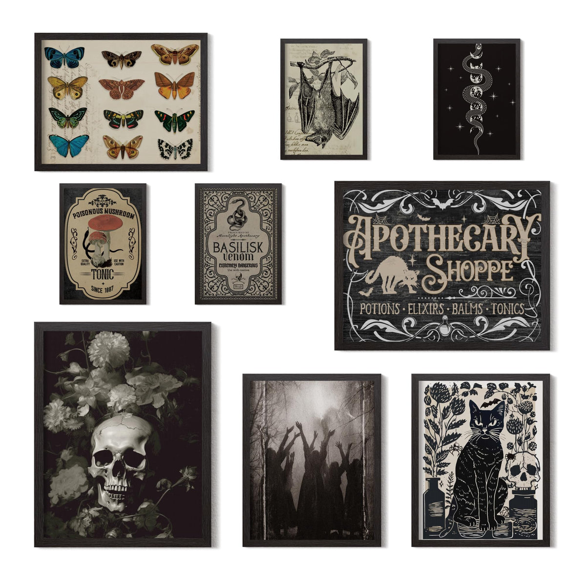 Putuo Decor Gothic Witchy Wall Decor Aesthetic, 9Pcs Gothic Ghost Black Cat Wall Decor, Dark Academia Room Decor, Skull Bat Prin