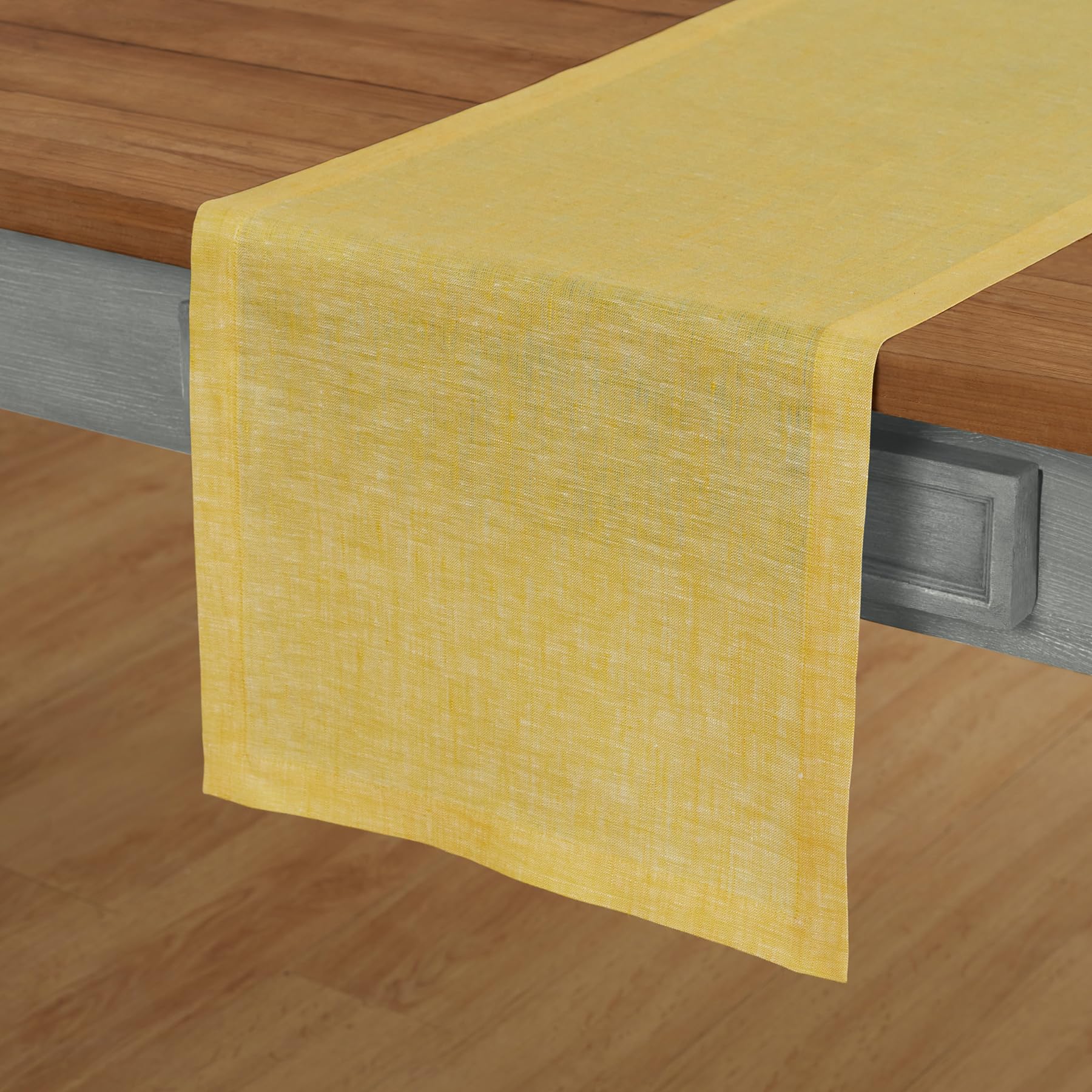 Solino Home Linen Table Runner 144 Inches Long - Athena, 100% Pure Linen Chambray Lemon Yellow Table Runner 14 x 144 Inch for Di