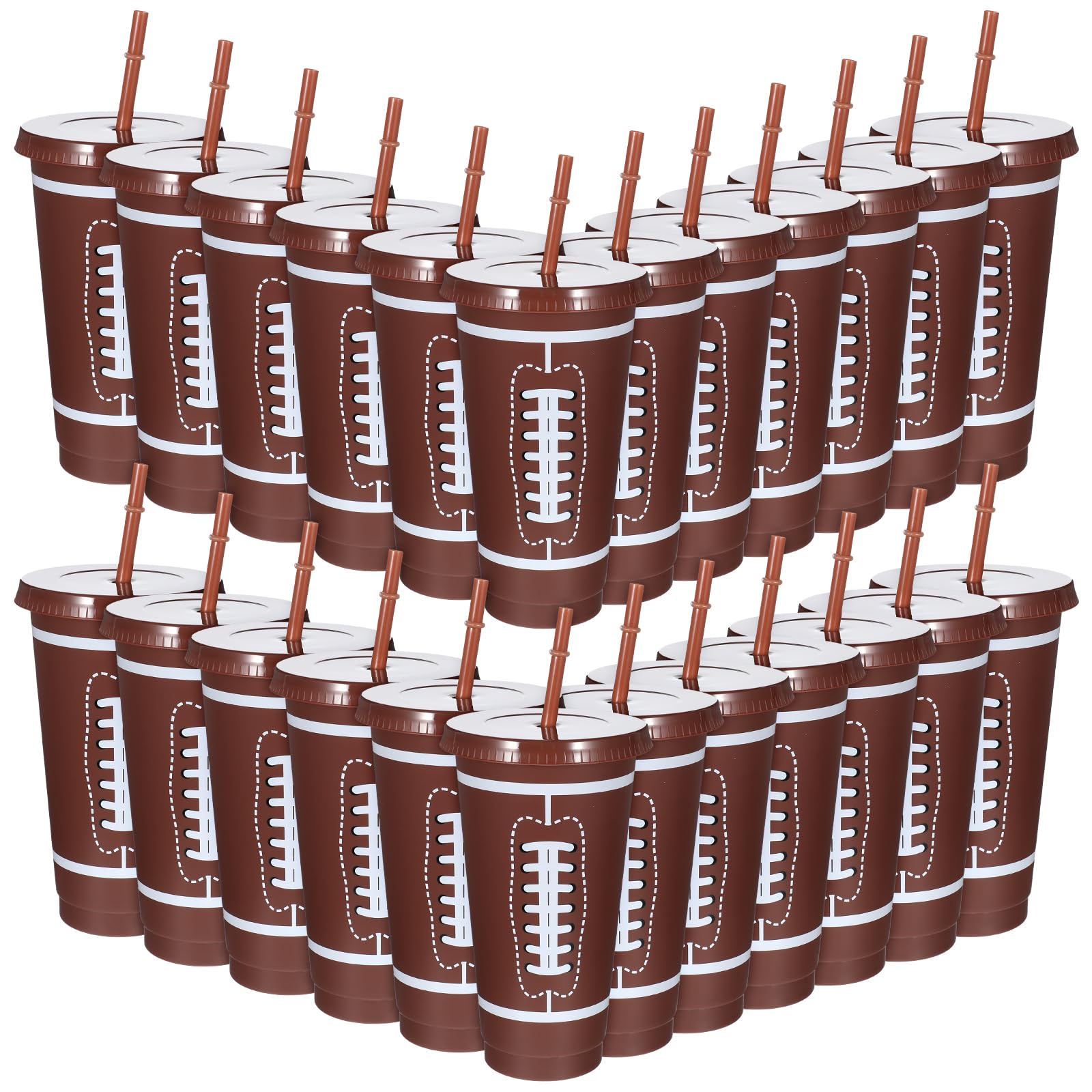 MAQUITA 24 Pcs Football Party Favors Disposable Football Cups with Lid and Straw Reusable Tumbler Cups 24 oz Disposable Party Fa