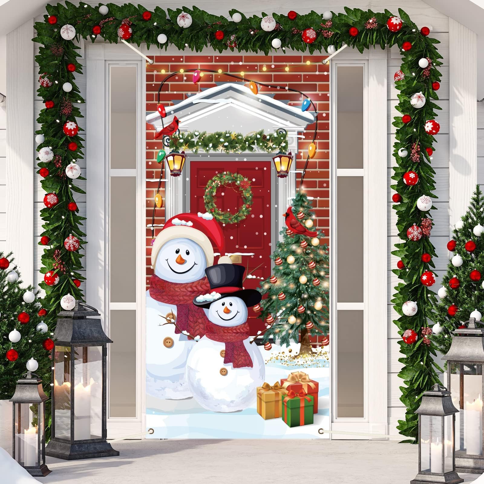 Christmas Snowman Door Cover Decorations 35.4 X 71 Inch Merry Xmas Cardinal Hanging Wall Decoration Sign Front Door Or Indoor Ho