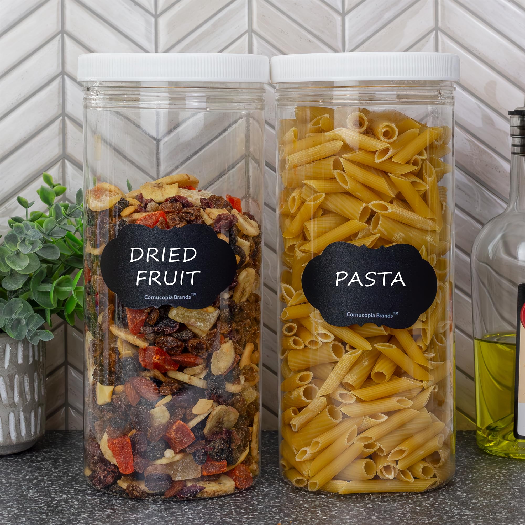 Cornucopia Tall Clear Plastic Canisters w Lids and Labels (3-Pack  2.5 quart / 10 cup capacity); 10in High BPA-free PET 80oz Jars for Food & Home Storage