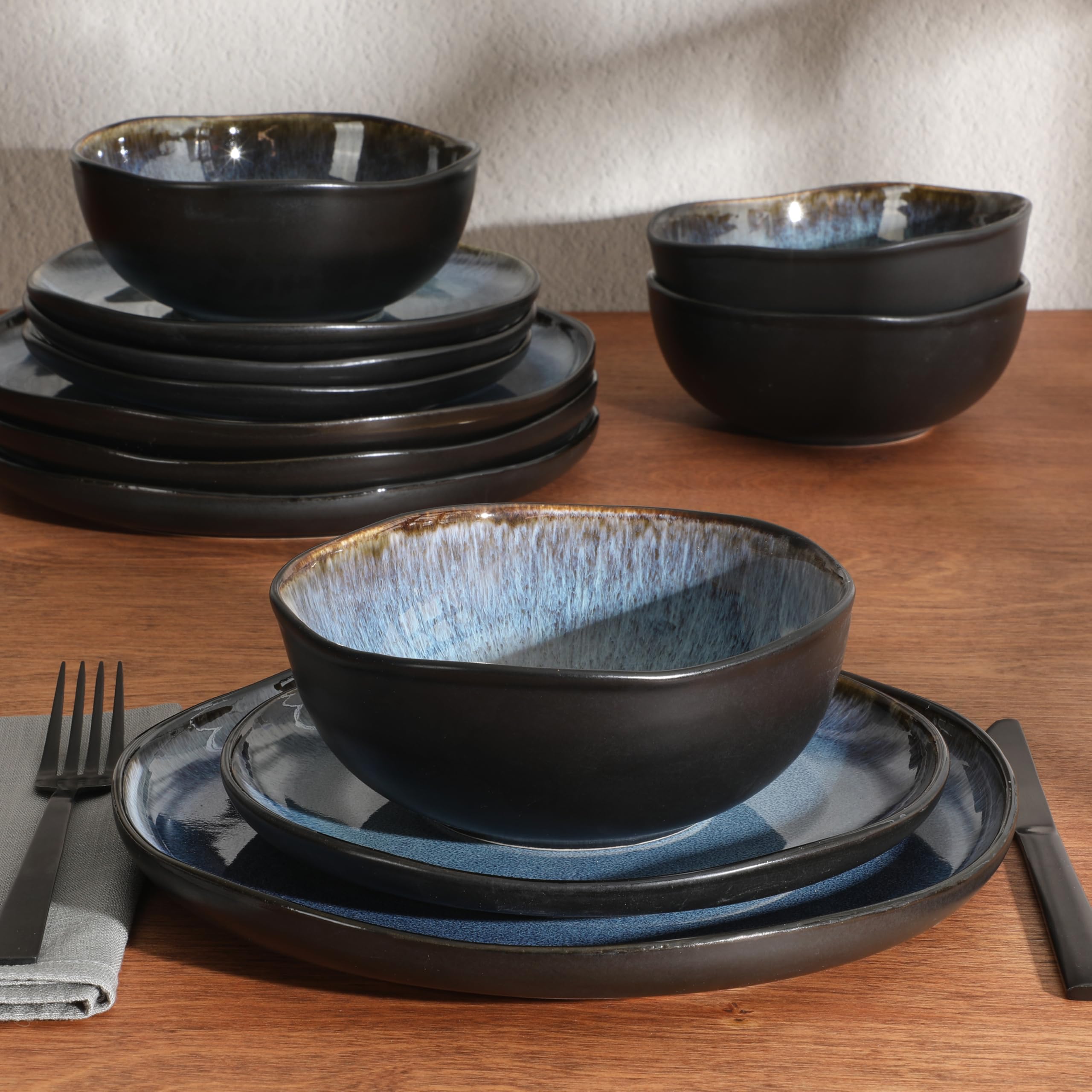 Gibson Soho Lounge Nardini 12 Piece (Service for 4) Plates and Bowls Reactive Glaze Dishes Stoneware Ceramic Dinnerware Set - Bl