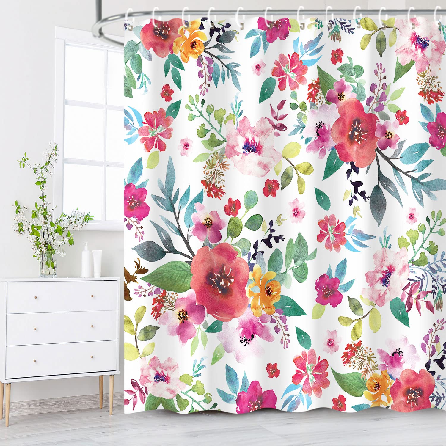 Livilan Floral Shower Curtain For Bathroom Flower Shower Curtain Watercolor Girls Shower Curtains Flowered Shower Curtain With H