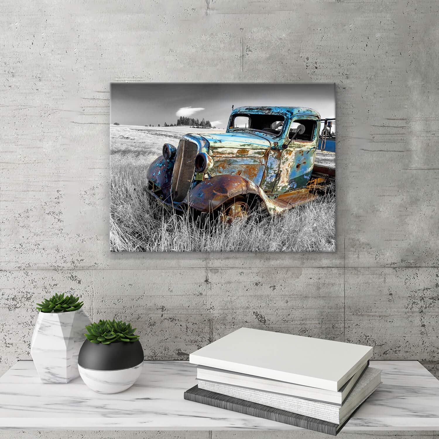 Artistic Path Rusty Car Canvas Wall Art: Old Truck Pictures Paintings Print On Canvas Artwork For Bedroom (16'' W X 11'' H,Multi