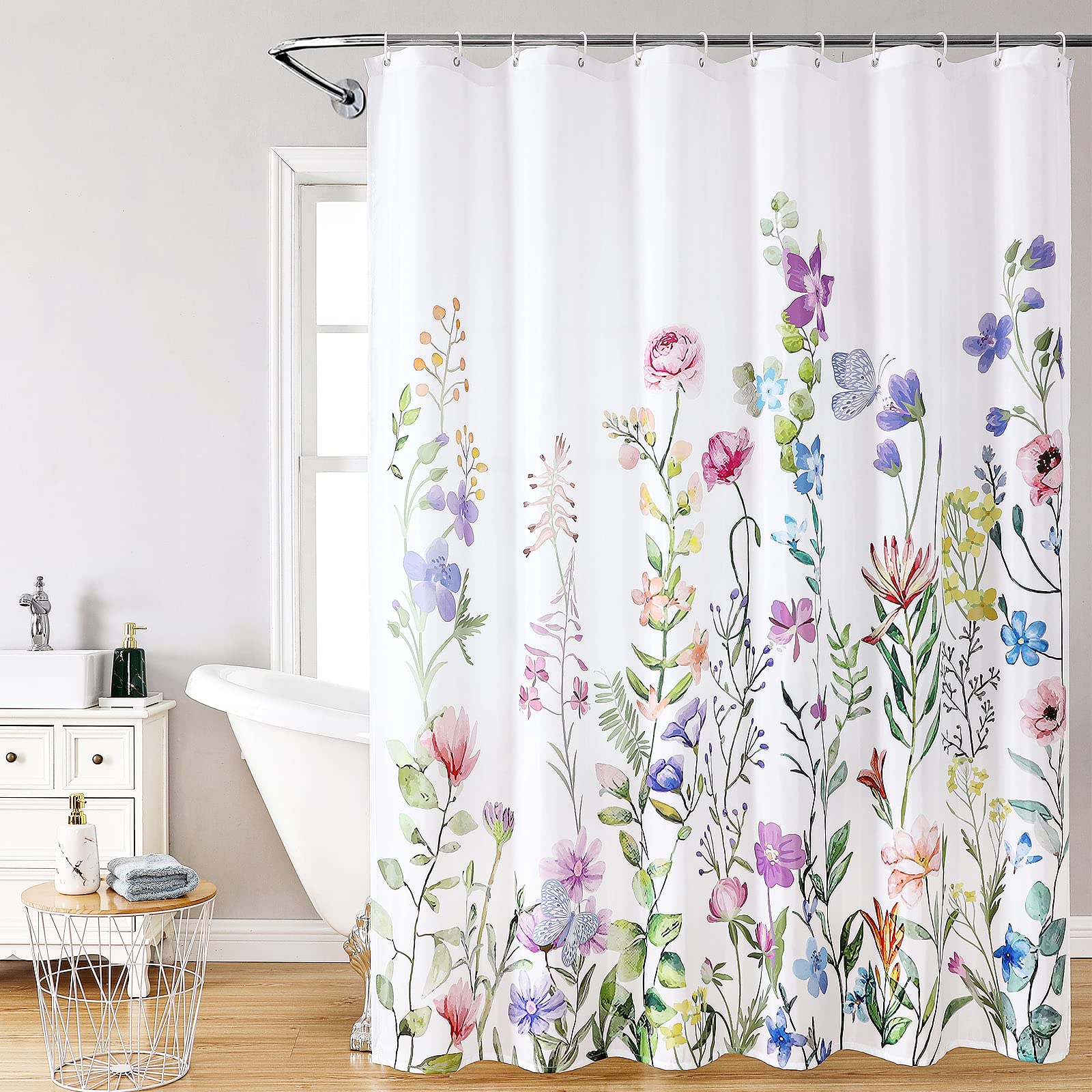 FUN WEEKEND Floral Bathroom Shower Curtain with 12 Hooks, 72x72 Waterproof Polyester Fabric Plant Shower Curtain for Bathroo