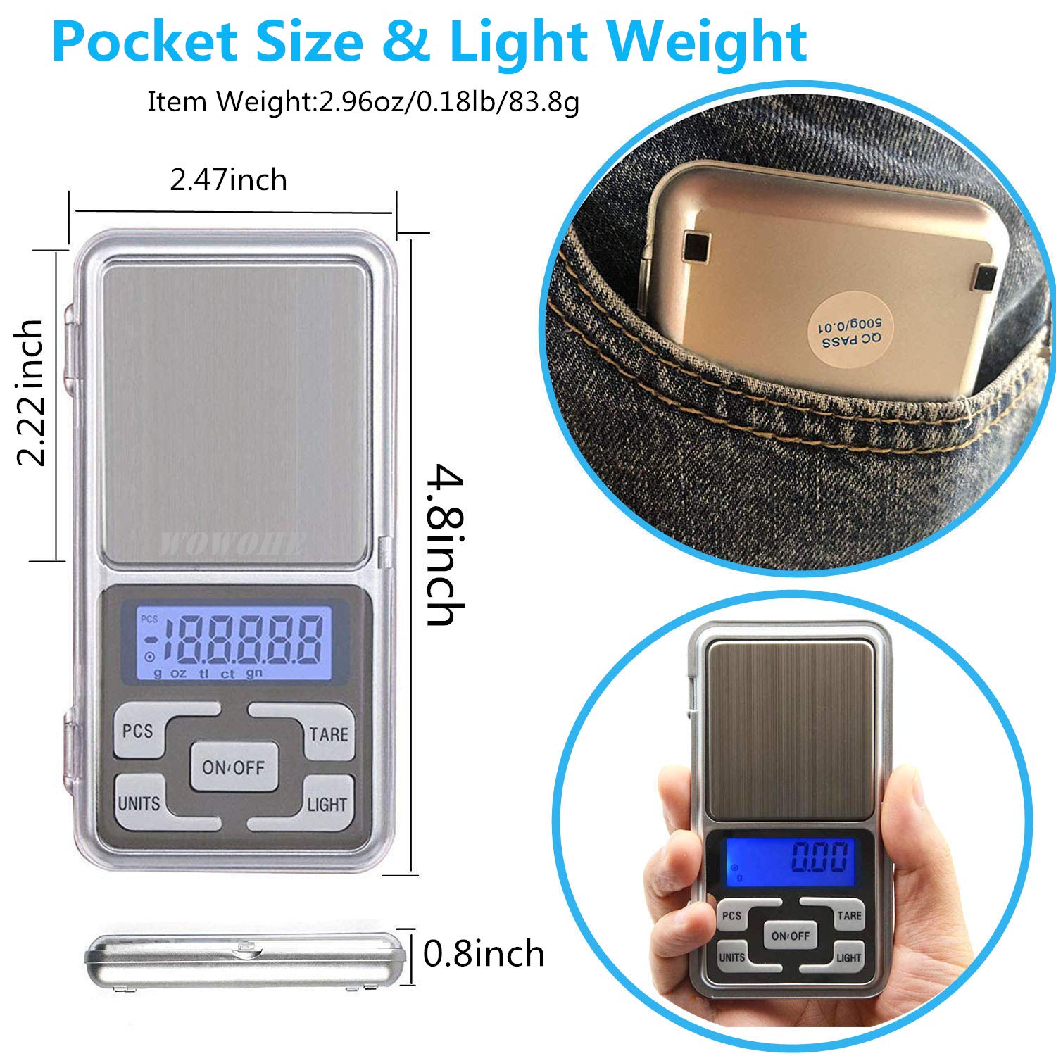 Wowohe Food Travel Scale Portable Pocket Scale Gram Capacity 500G Degital Kitchen Small Miniature Scale Lab Measuring Scale High