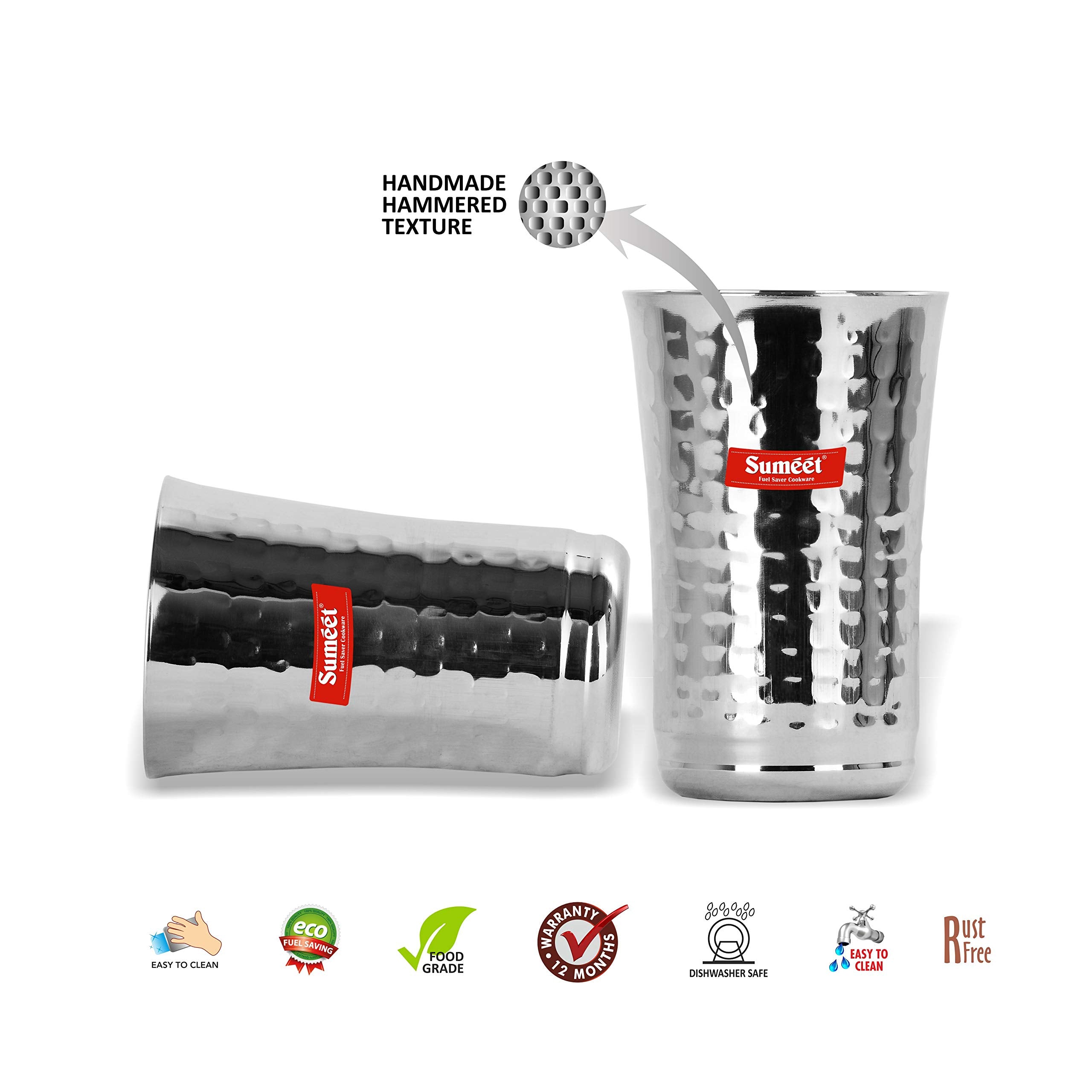 Sumeet Stainless Steel Handcrafted Hammered Texture Big Lassi Glass Set Of 2 Pc (Capacity - 600Ml Each)