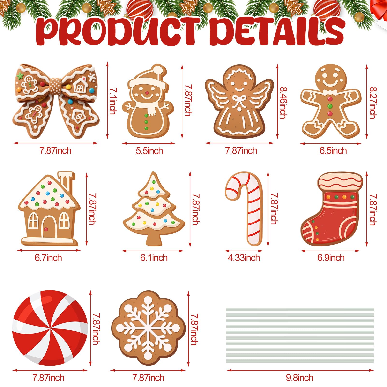 Thyle 20 Pcs Large Gingerbread Man Candy Cane Picks for Christmas Tree 8 Inch Gingerbread and Candy Picks Ornaments for Christma