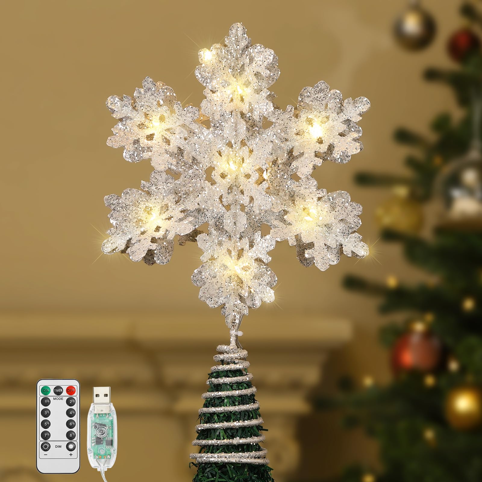 Lewondr Christmas Snowflake Tree Topper, 3D Snowflake Treetop USB & Remote Control, 13'' Xmas Tree Topper with LED Light Beads, 